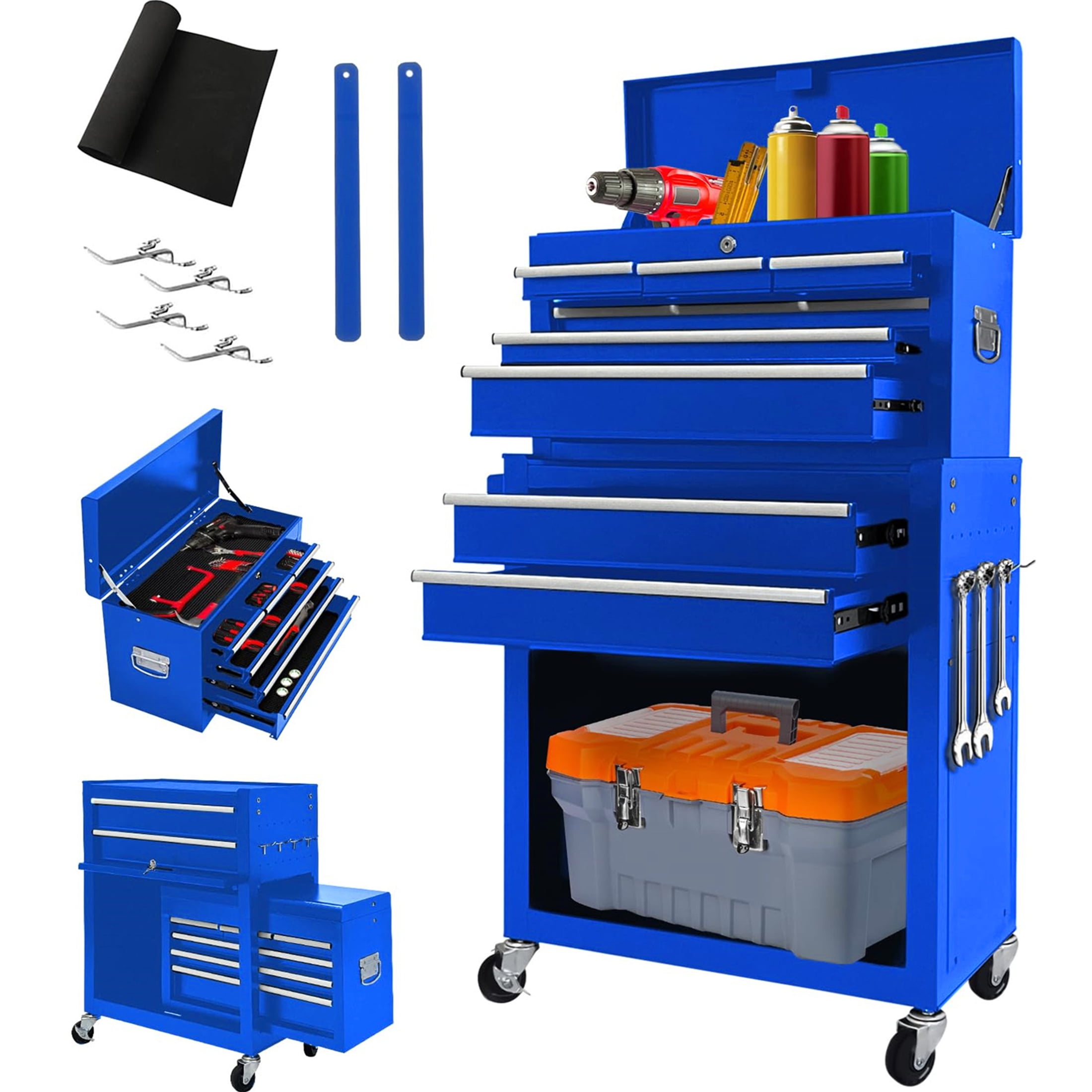 Aukfa Tool Box, 2 in 1 Steel Rolling Tool Chest & Cabinet on Wheels for Garage, 8-Drawers, Blue
