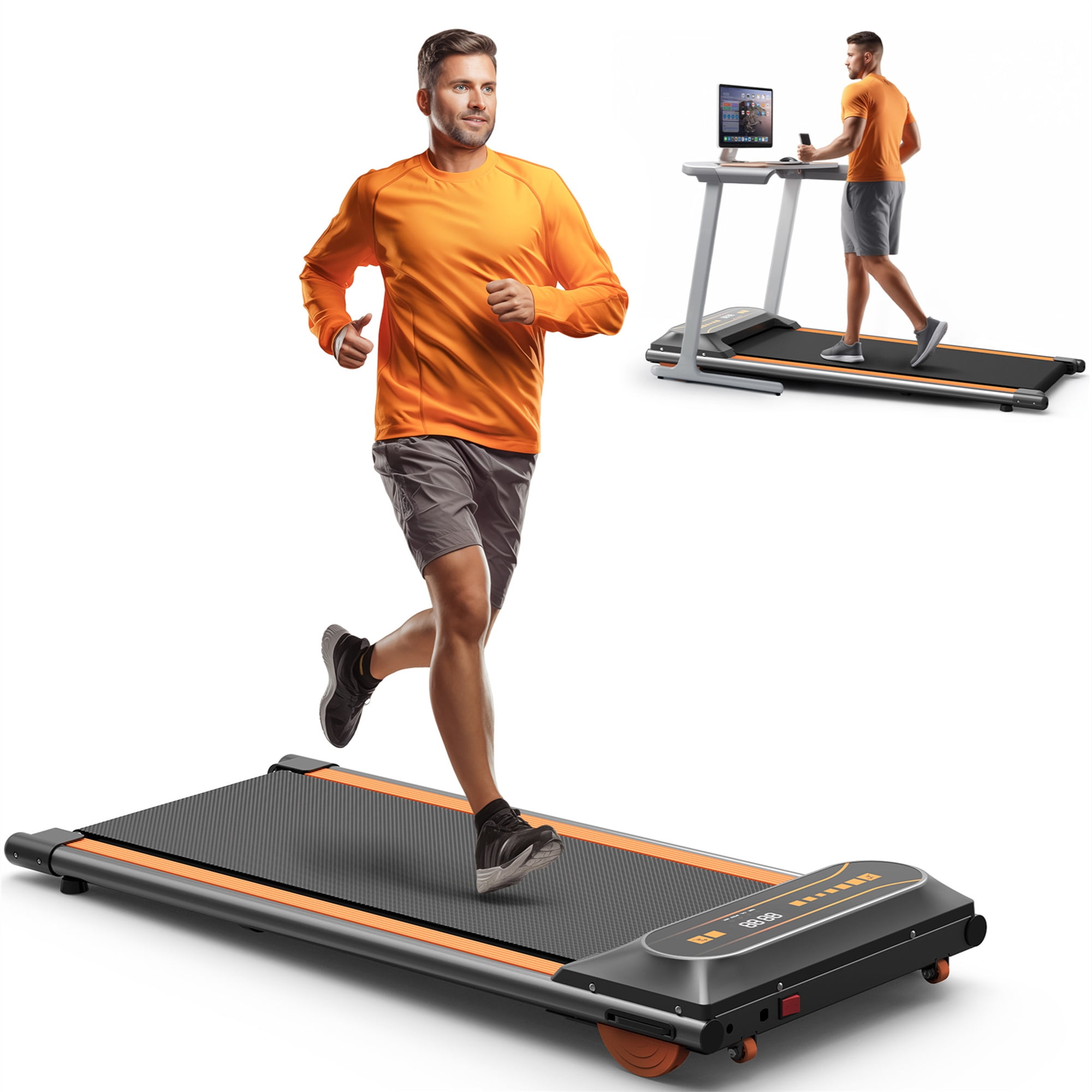 Aukfa Walking Pad Treadmill with Incline, Under Desk Treadmill Portable Treadmill for Home Office Walking Running, 265 lb Capacity, 4 mph Speed, Orange