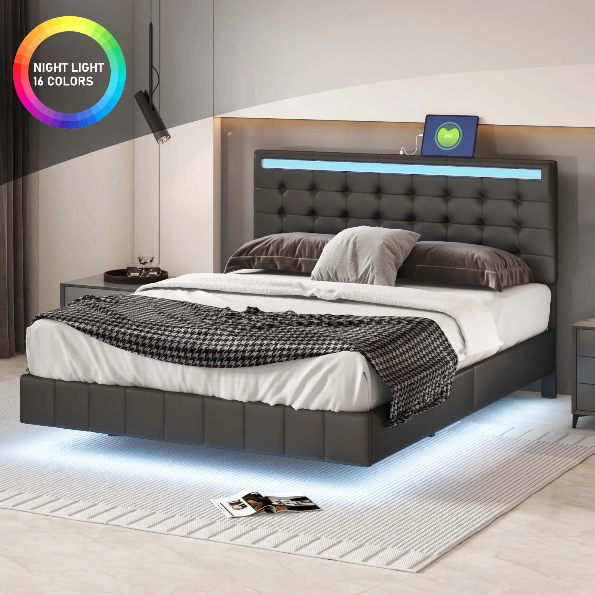 Aukfa Upholstered LED Bed, Queen Platform Bed with LED Lights and USB Ports - Black