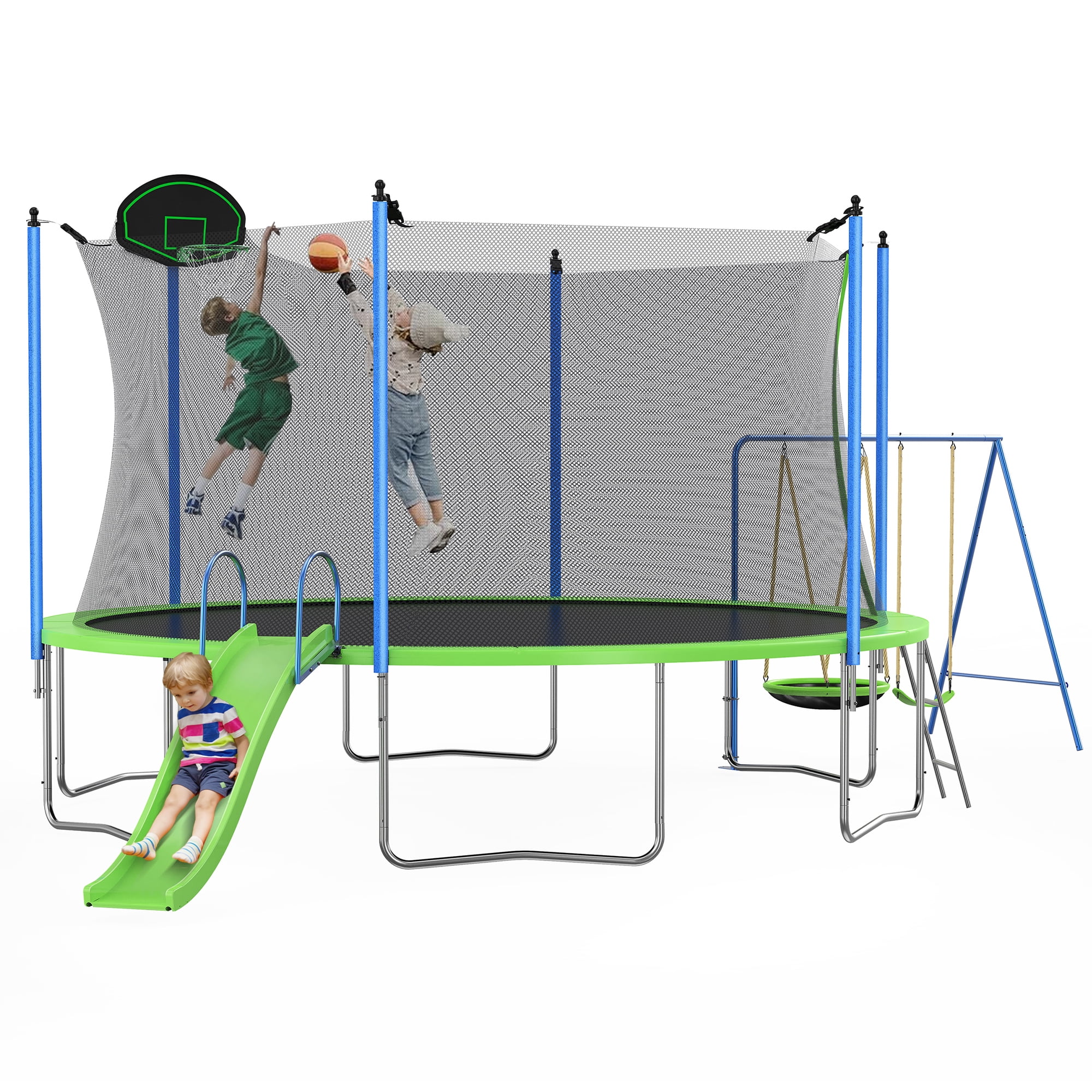 Aukfa 12FT Trampoline with Slide and Swings, Outdoor Trampolines with Basketball Hoop, Enclosure Net and Ladder for Kids Adults