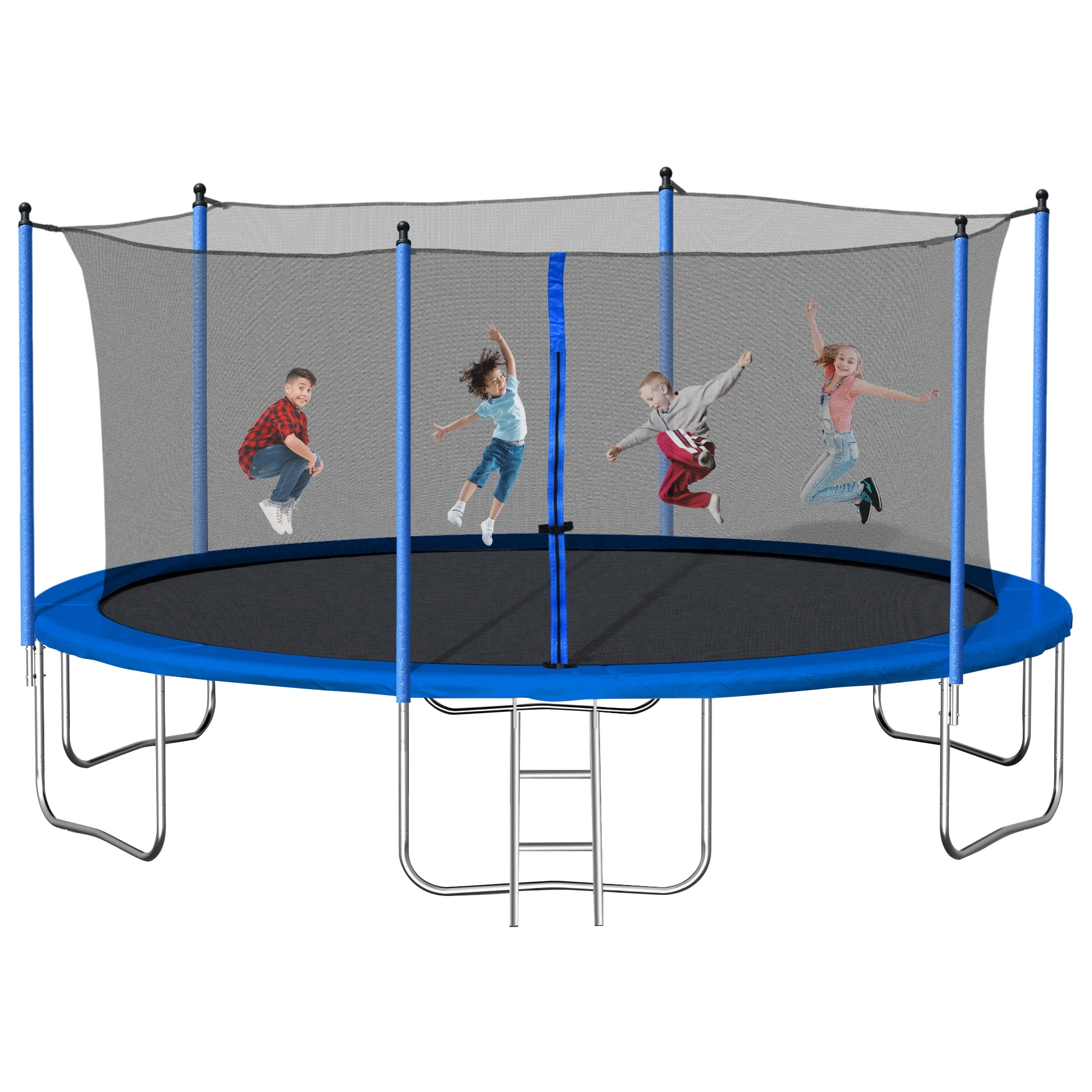 Aukfa 14FT Trampoline with Safety Enclosure Net for Kids Adults, Outdoor Trampoline with Ladder for Backyard, Blue