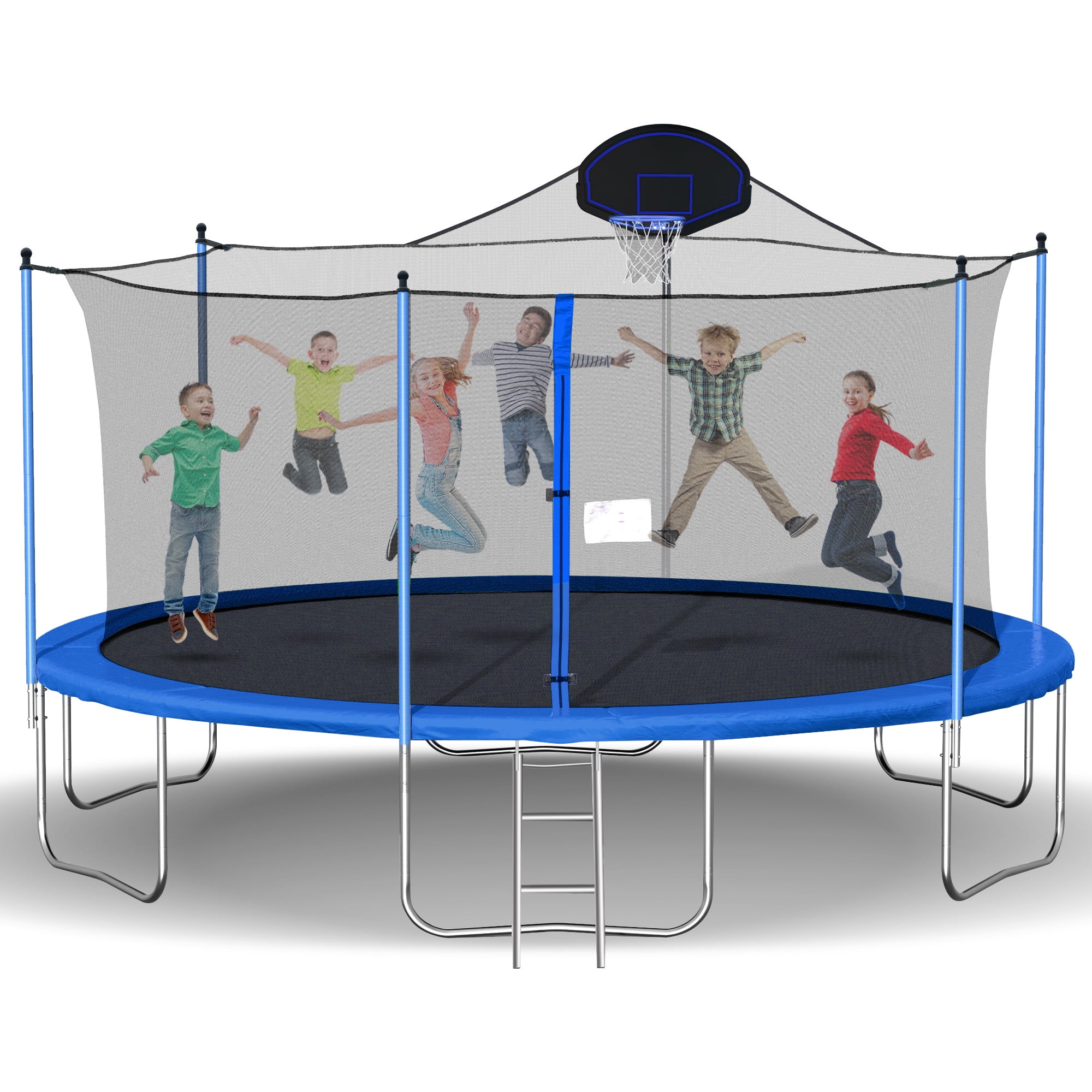Aukfa 16FT Trampoline with Basketball Hoop for Kids Adults, Outdoor Trampoline with Enclosure for Backyard - Blue