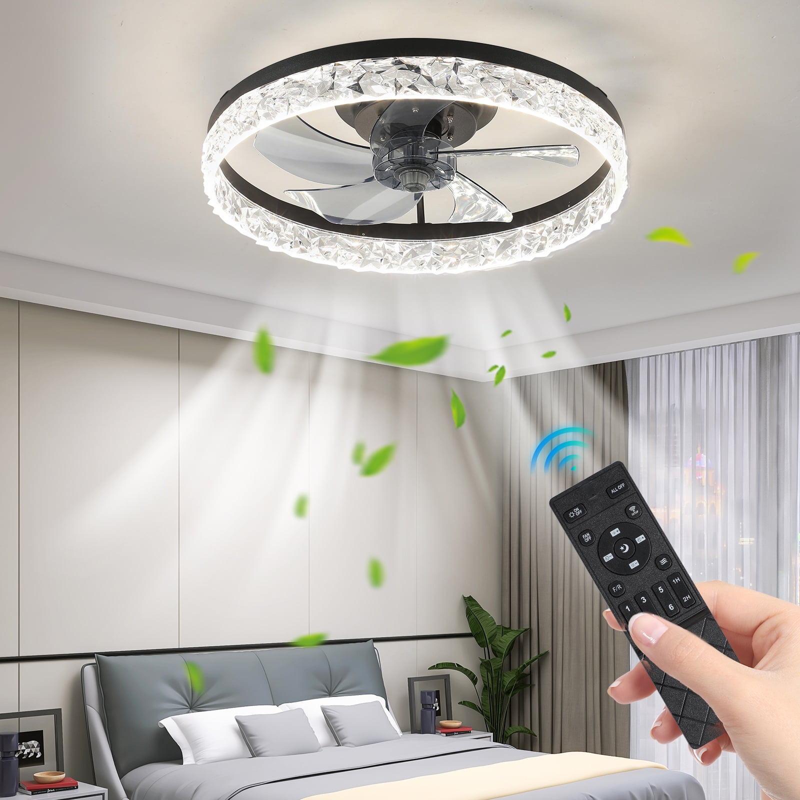 Aukfa 19.7" Bladeless Ceiling Fan with Light - Flush Mount Design - Remote Controlled - Adjustable LED Lights - Multiple Speed Settings