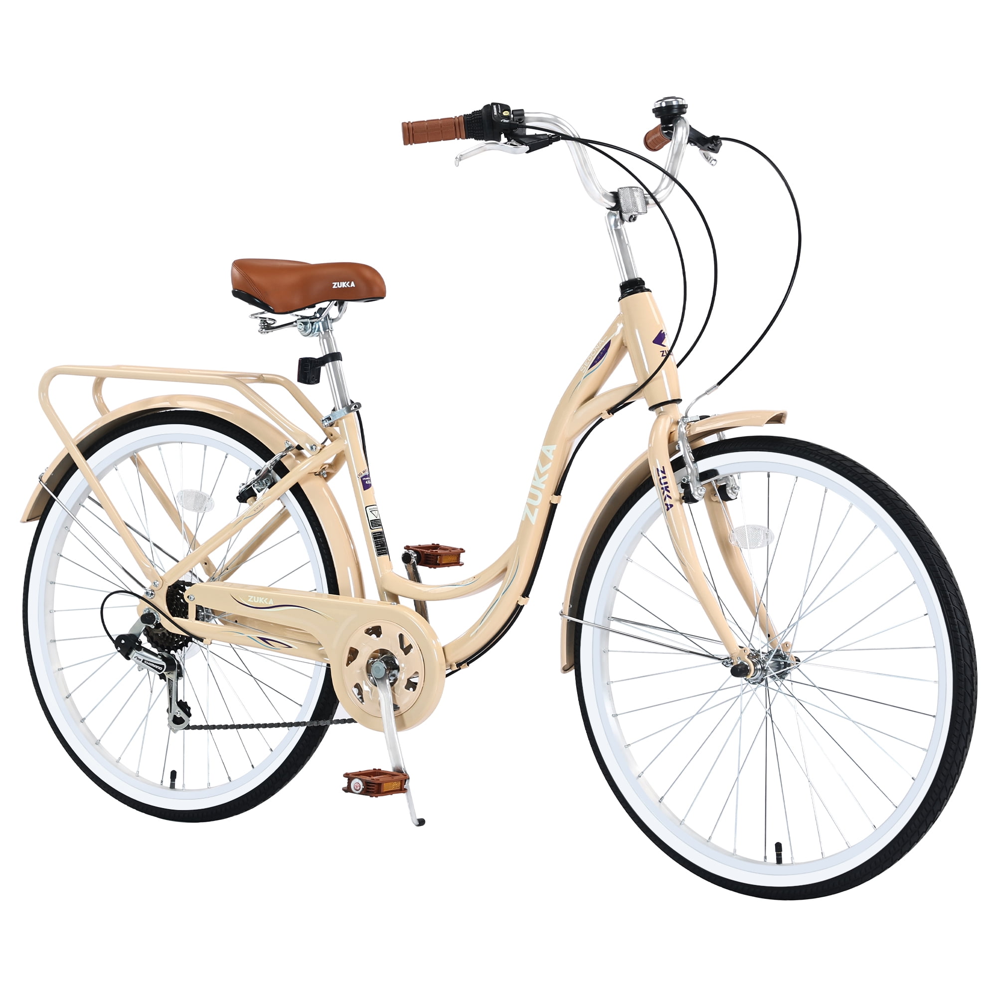 Aukfa 26" Cruiser Bike, 7 Speed Bicycle Hybrid Bikes for Women Girls Ladies, Buttermilk