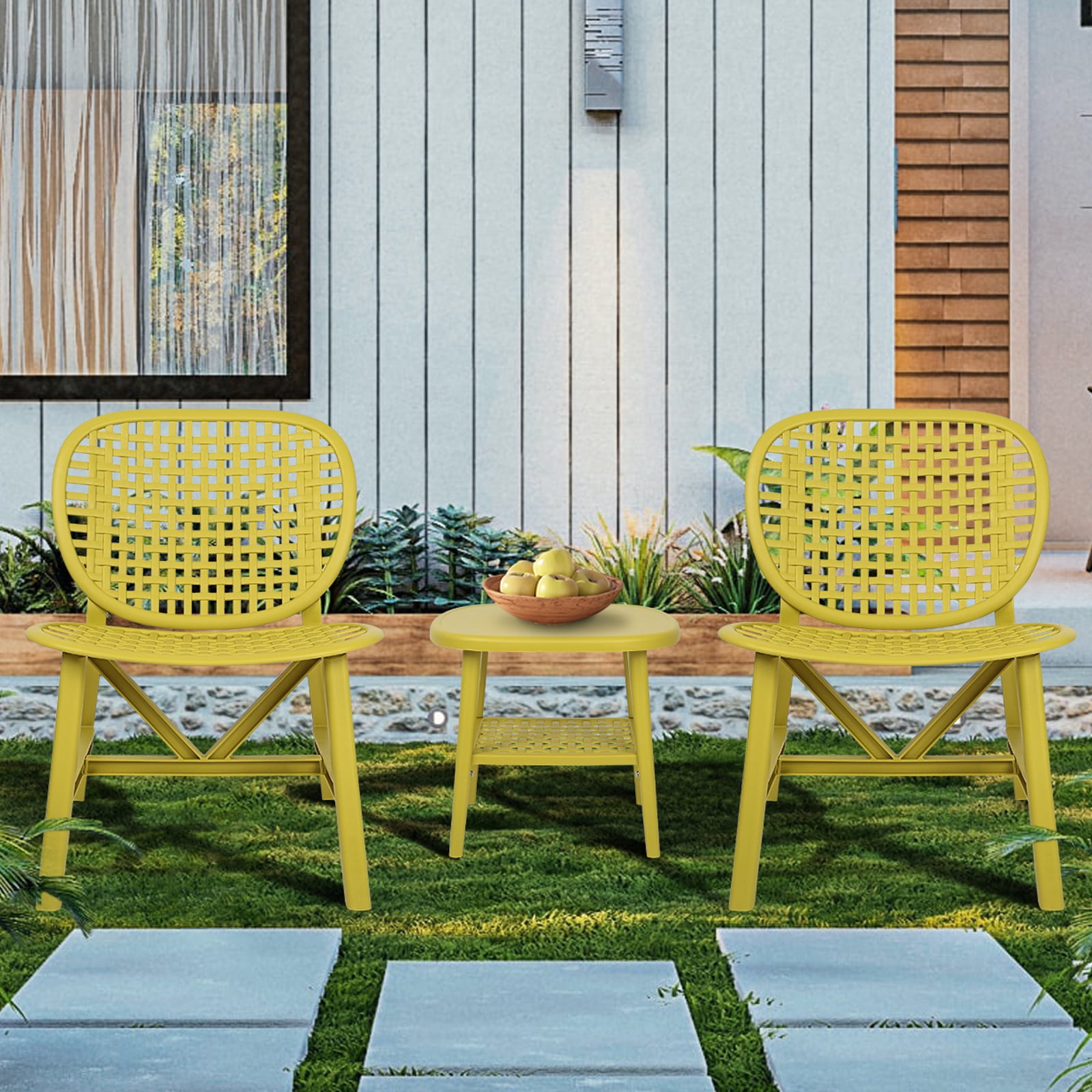 Aukfa 3 Pieces Outdoor Bistro Set - 3 Pieces Patio Conversation Set for Balcony Garden - Yellow