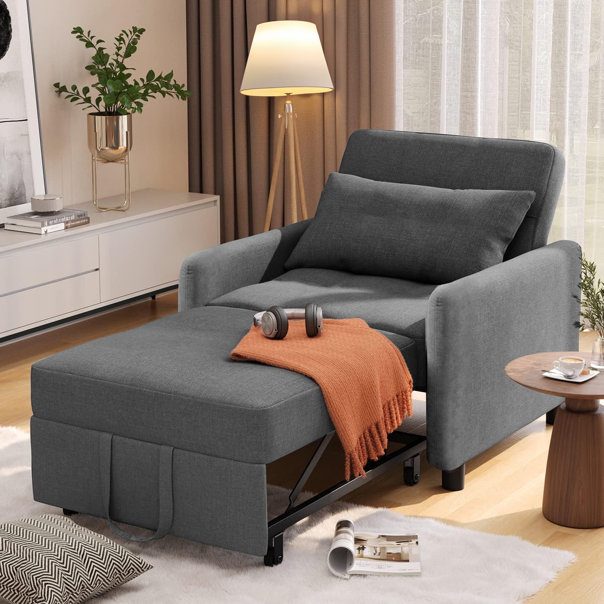 Aukfa 36" Chaise Futon Convertible Sofa Bed, Pull Out Sleeper Chair Bed for Home Office, Lint, Gray