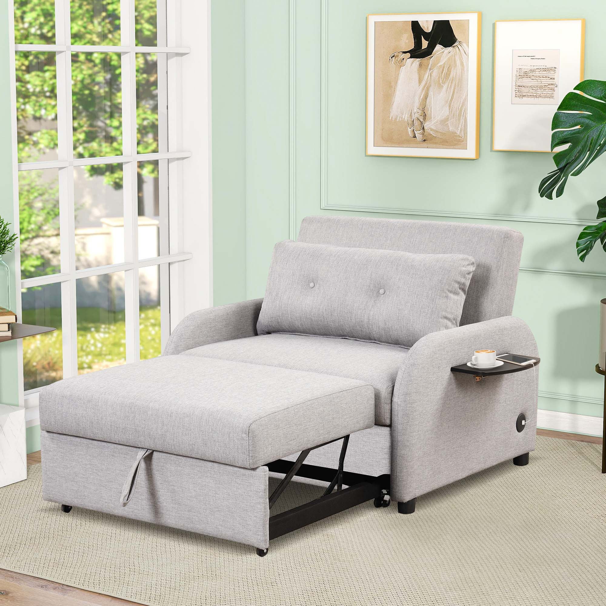 Aukfa 41.5"W Oversize Pull Out Sofa Bed with Wing Tables and USB Port, Convertible Sleeper Chair, Futon - Gray