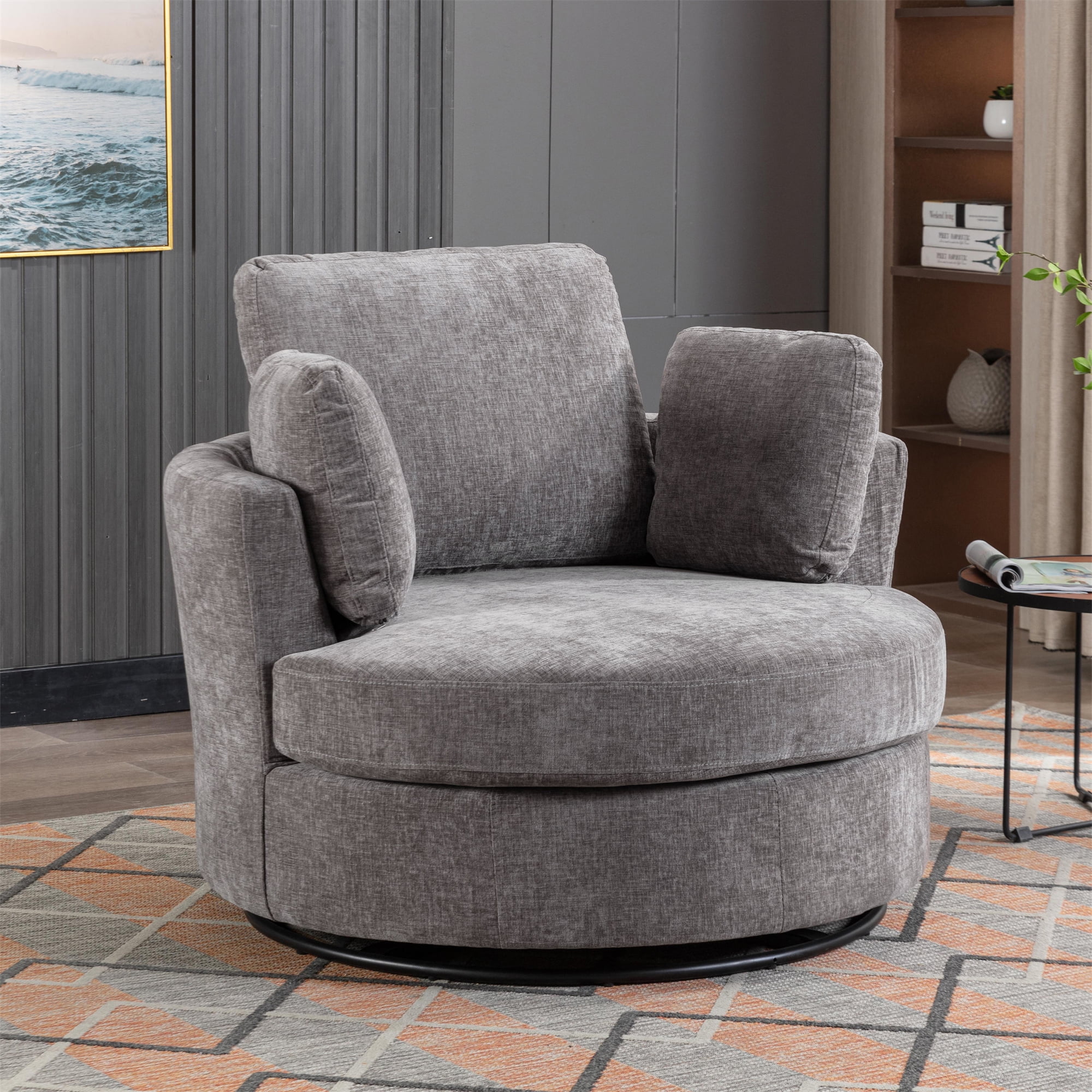 Aukfa 42" Oversized Swivel Accent Chair Barrel Chair w/ 3 Pillows for Living Room, Chenille, Gray