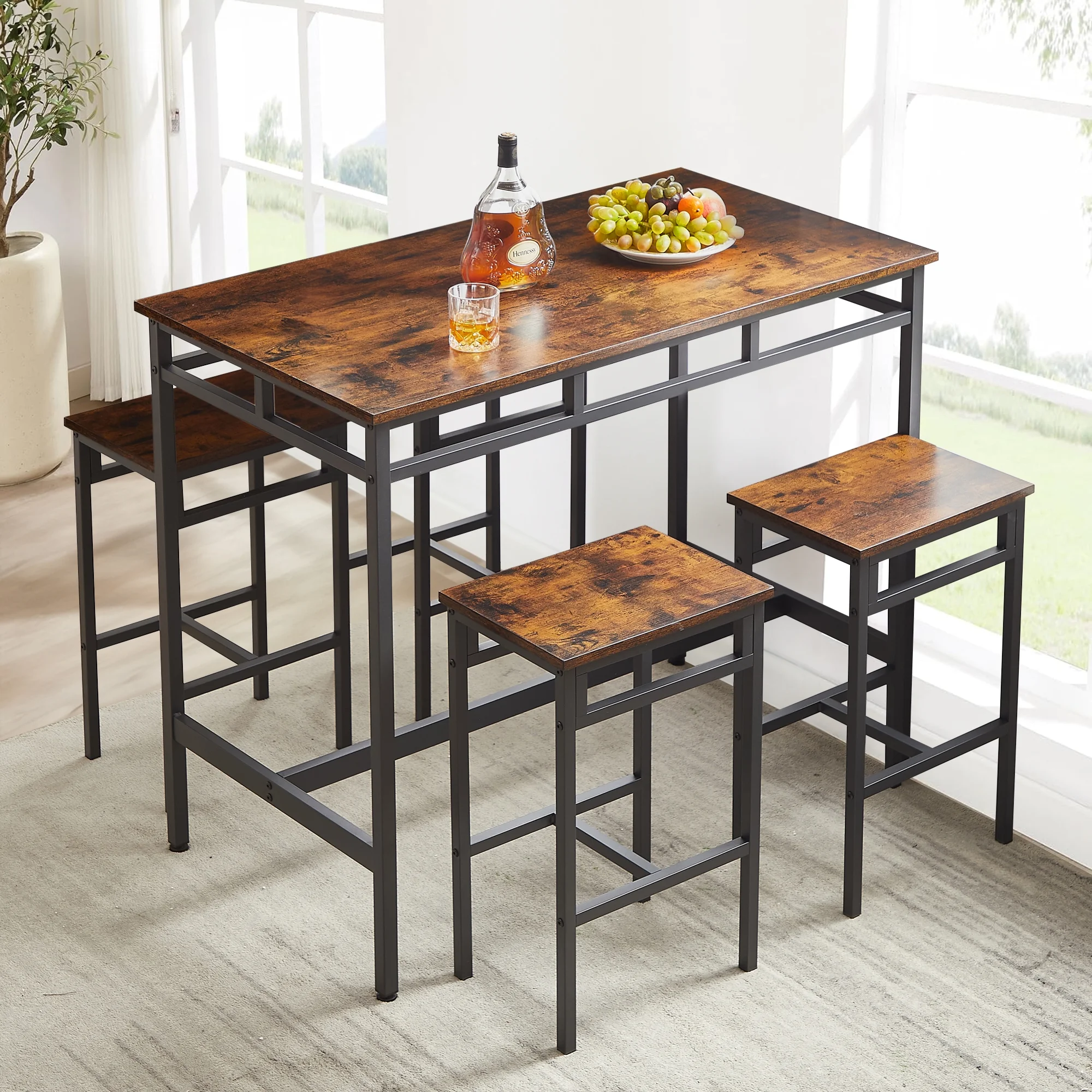 Aukfa 5-Piece Counter Height Dining Set, Bistro Pub Table Set with 4 Stools for Small Space, Rustic Brown