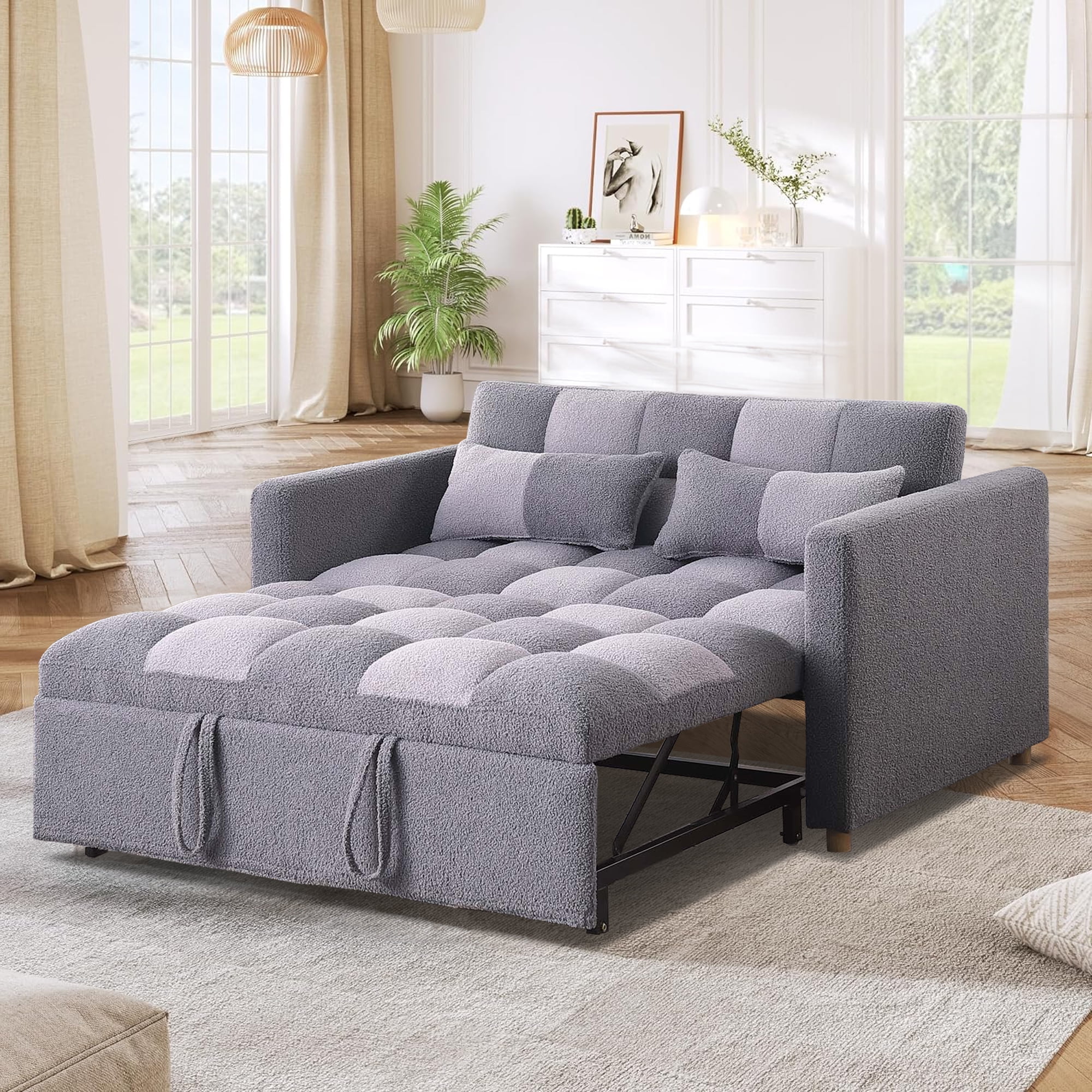Aukfa 53.5" Convertible Loveseat Sleeper, Pull Out Sofa Bed, Teddy, Gray
