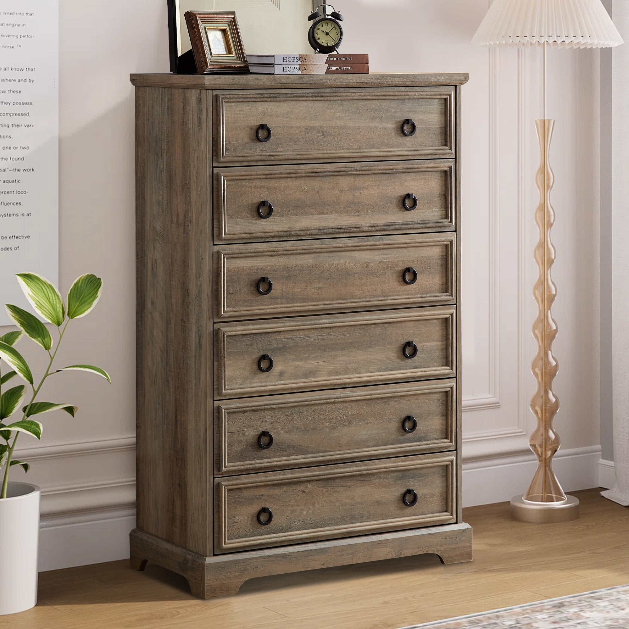 Aukfa 6-Drawer Dresser Chest Tall Drawers Wood Cabinet for Bedroom, Gray Wash