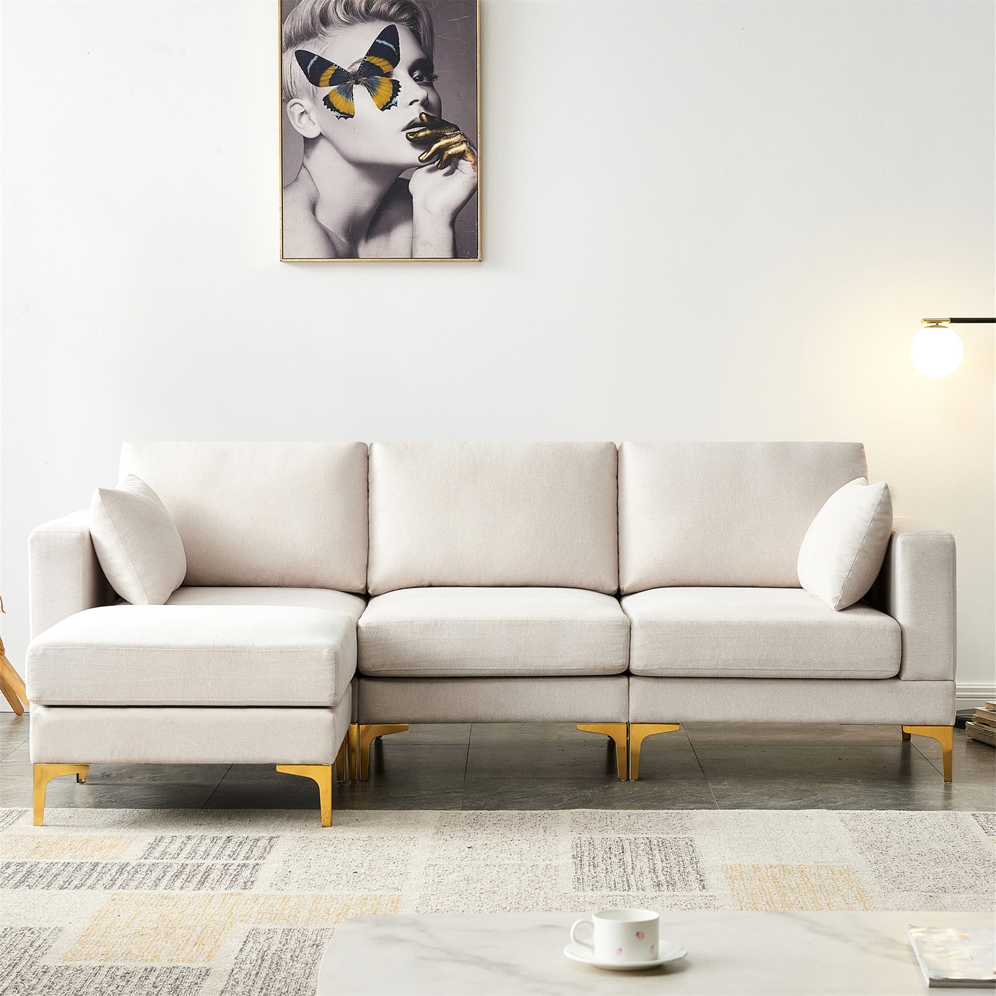 Aukfa 93" L shape Sectional Sofa Modular Couch for Living Room, 2 Pillows, Beige