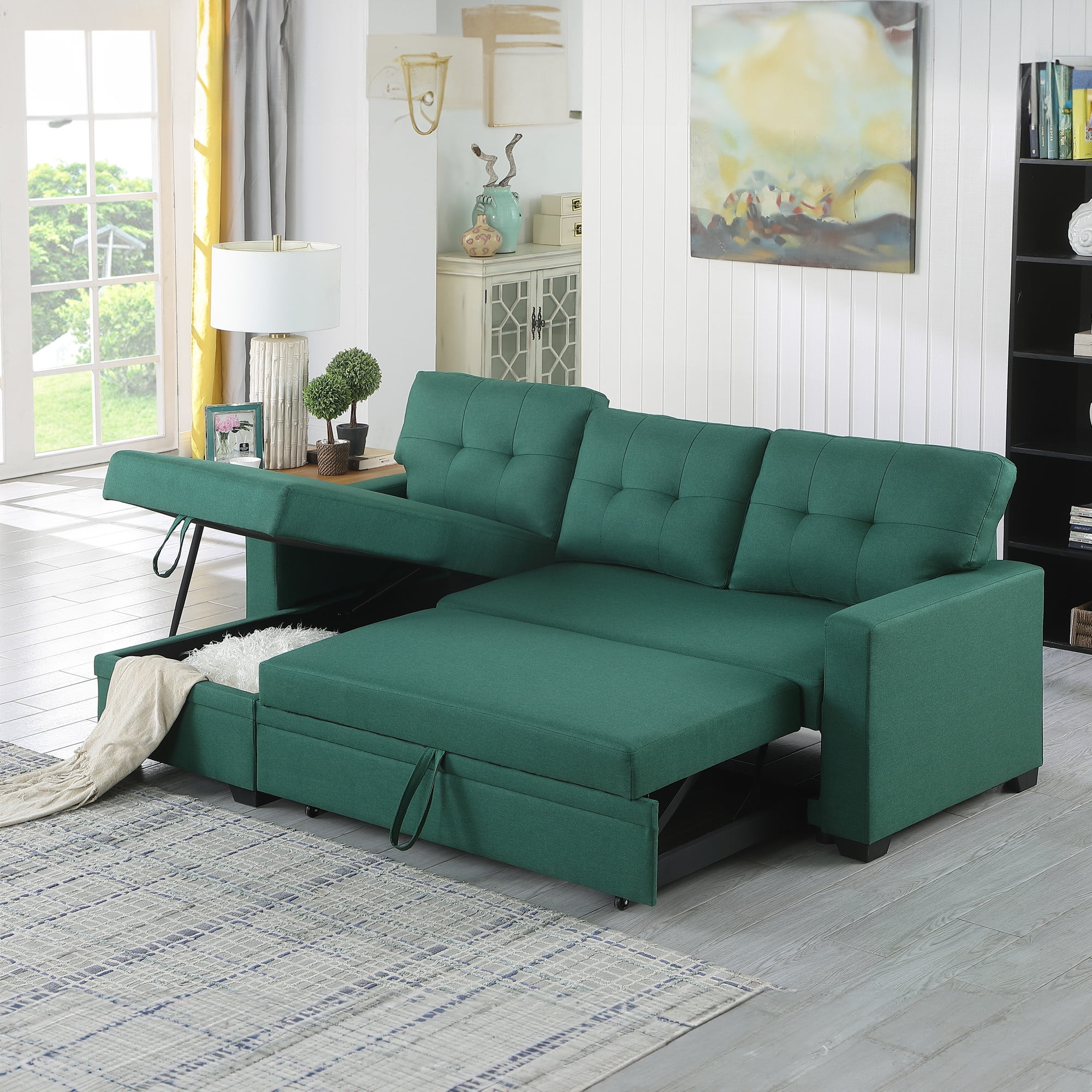 Aukfa 83" Sofa Bed, Sleeper Sofa, Pull Out Bed with Storage Chaise for Living Room, Linen, Green