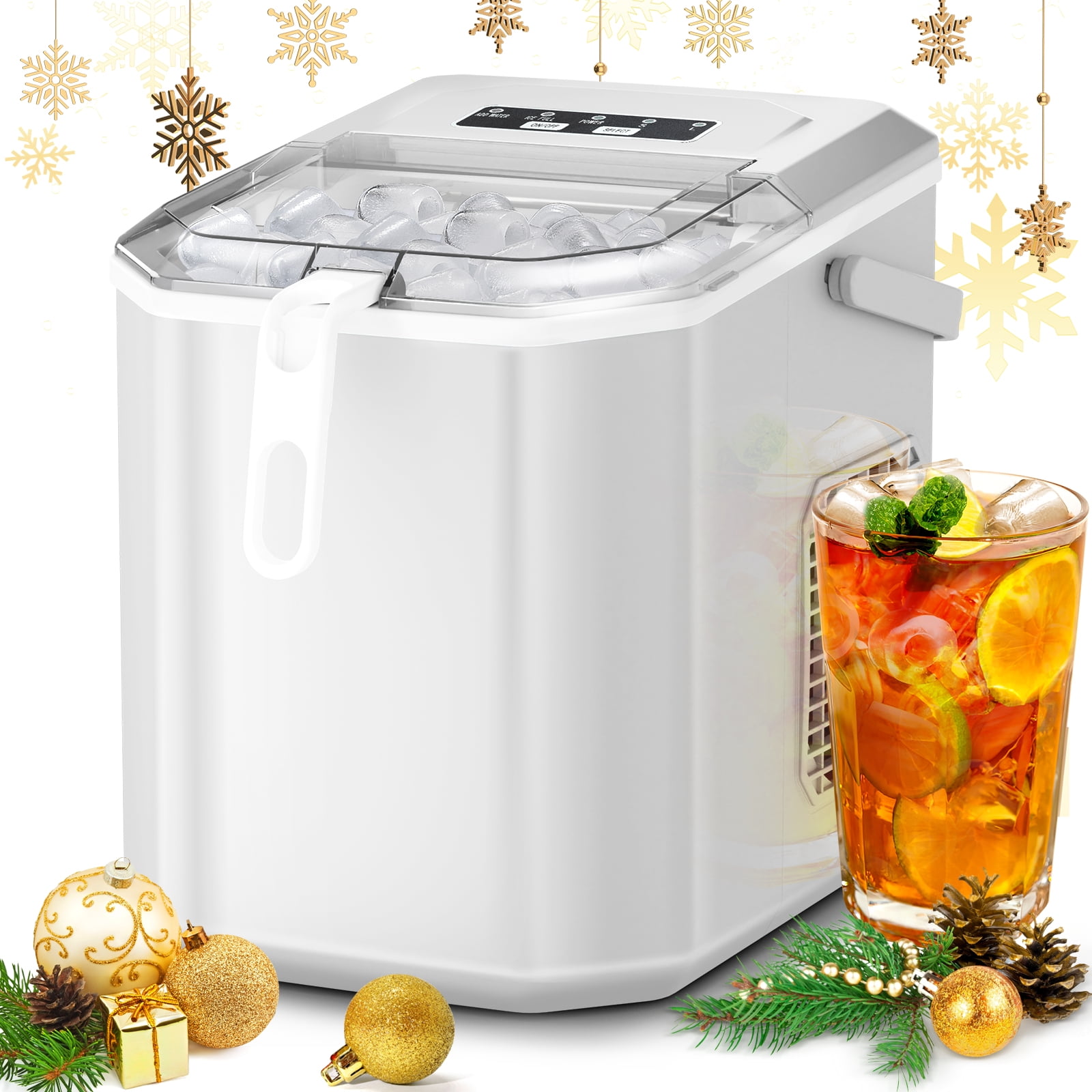 Auseo Portable Countertop Ice Maker, 26Lbs/24H, 9 Bullet-Shaped Ice in 8 Mins, with Handle/Ice Scoop/Ice Basket, for Home/Office/Bar/Party (White)