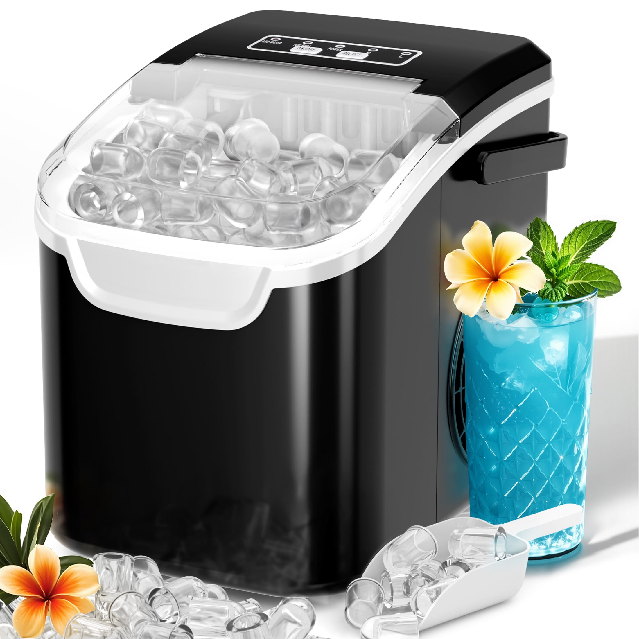 Auseo Countertop Ice Maker, 2 Sizes of Bullet Ice, 26Lbs/24H, 8 Ice Cubes in 6 Mins, Portable Ice Machine with Self-Cleaning for Home/Party/Travel/Camping (Black)