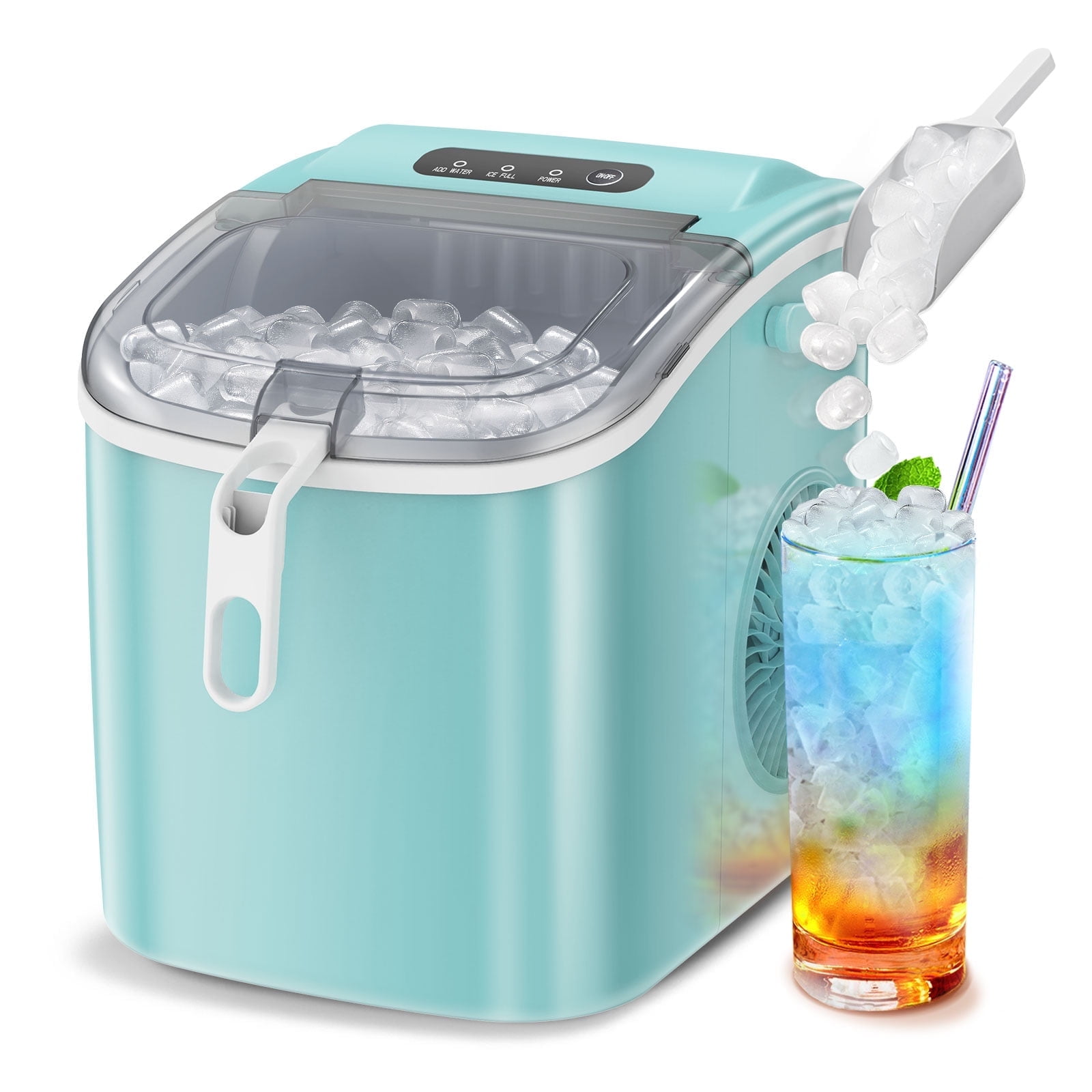 Auseo Countertop Ice Maker, 26lbs/24H, 9 Cubes in 6-12 Mins, Auto-Cleaning Portable with Basket and Scoop, Green
