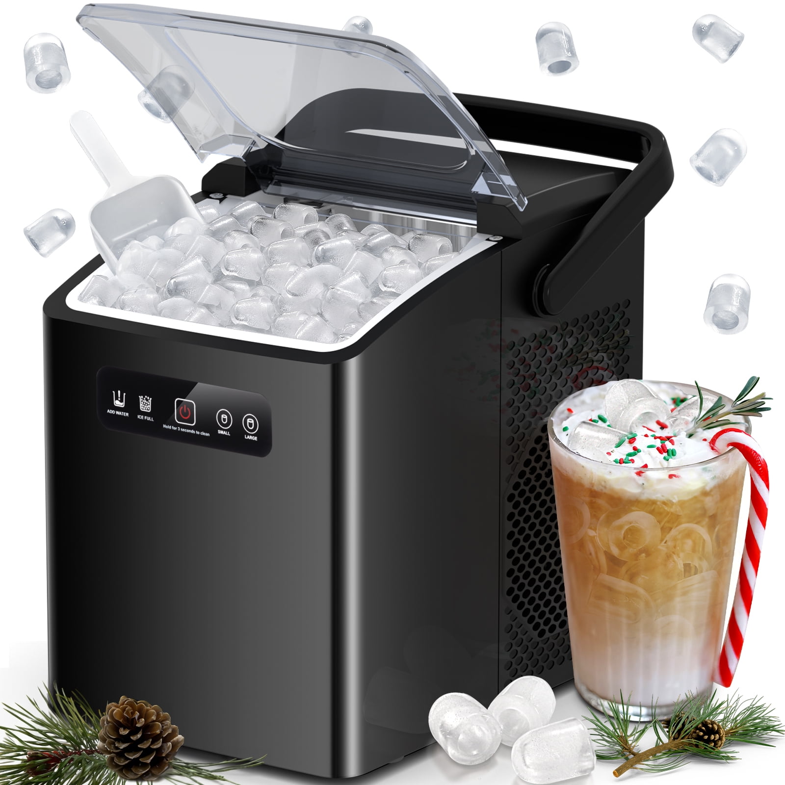 Auseo Countertop Portable Ice Maker, Self-Cleaning with Handle, Ice Scoop, 2 Sizes of Bullet Ice Cubes, for Home/Kitchen/Office-Black