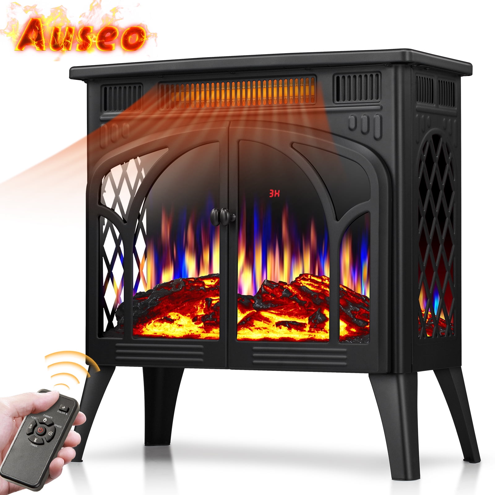 Auseo Electric Fireplace Heater 25’’ with 3D Realistic Flame Effect, Freestanding Fireplace with Remote Control, Timer, Different Flame Color,2 Heating Modes 500W/1500W, Room, Black