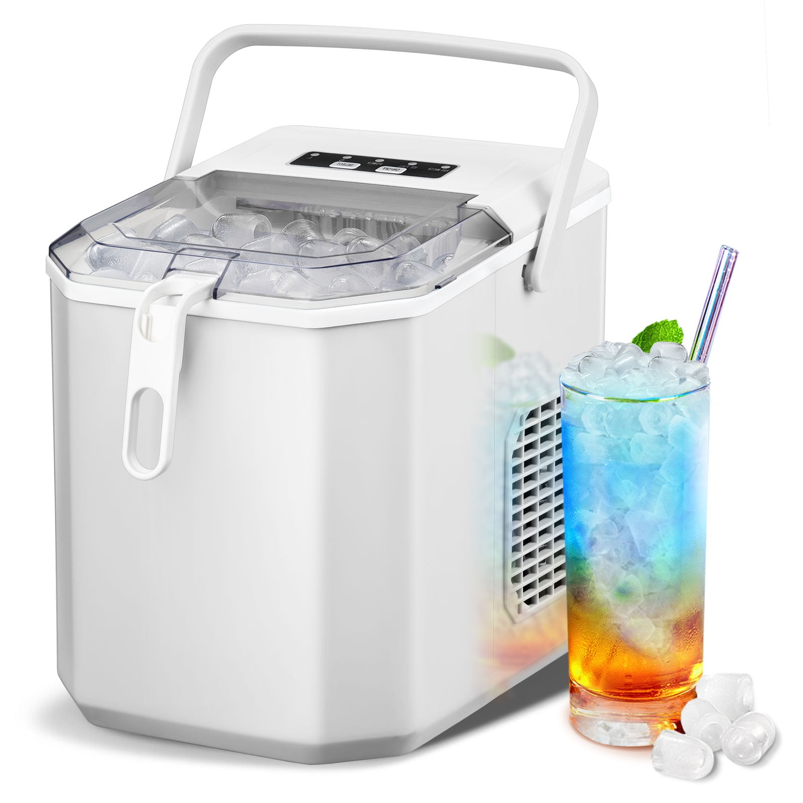 Auseo Portable Ice Maker Countertop, 2 Sizes S/L, 9 Bullet-Shaped Ice in 8 Mins, with Ice Basket/Scoop/Handle, Self-Cleaning, 26Lbs/24H, for Home/Office/Bar/Party (White)