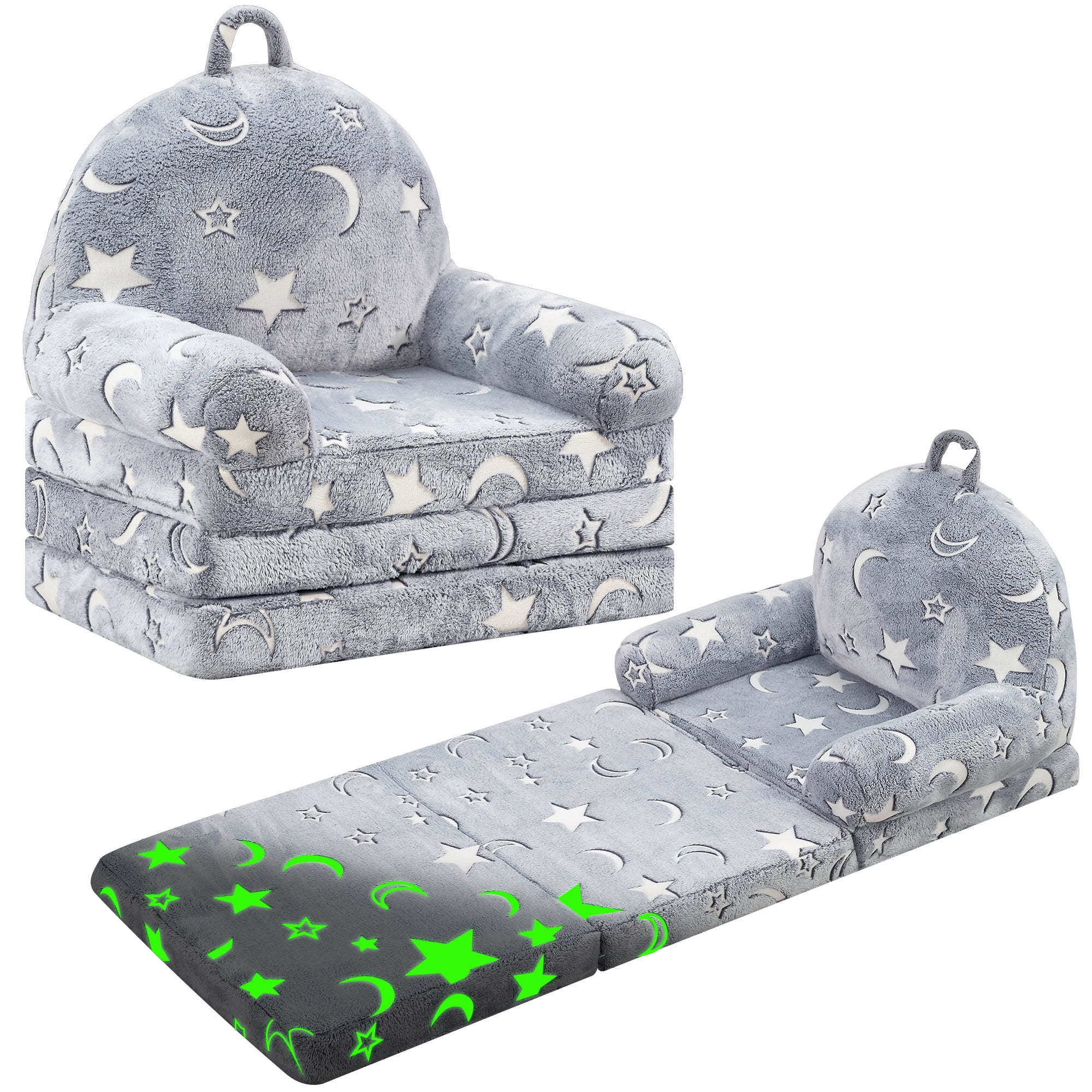 BYBYME Kids Sofa,Glow in The Dark Toddler Chairs Children's 2 in 1 Convertible Sofa to Lounger with Pockets ,Kid Couch Toddler Chair,star
