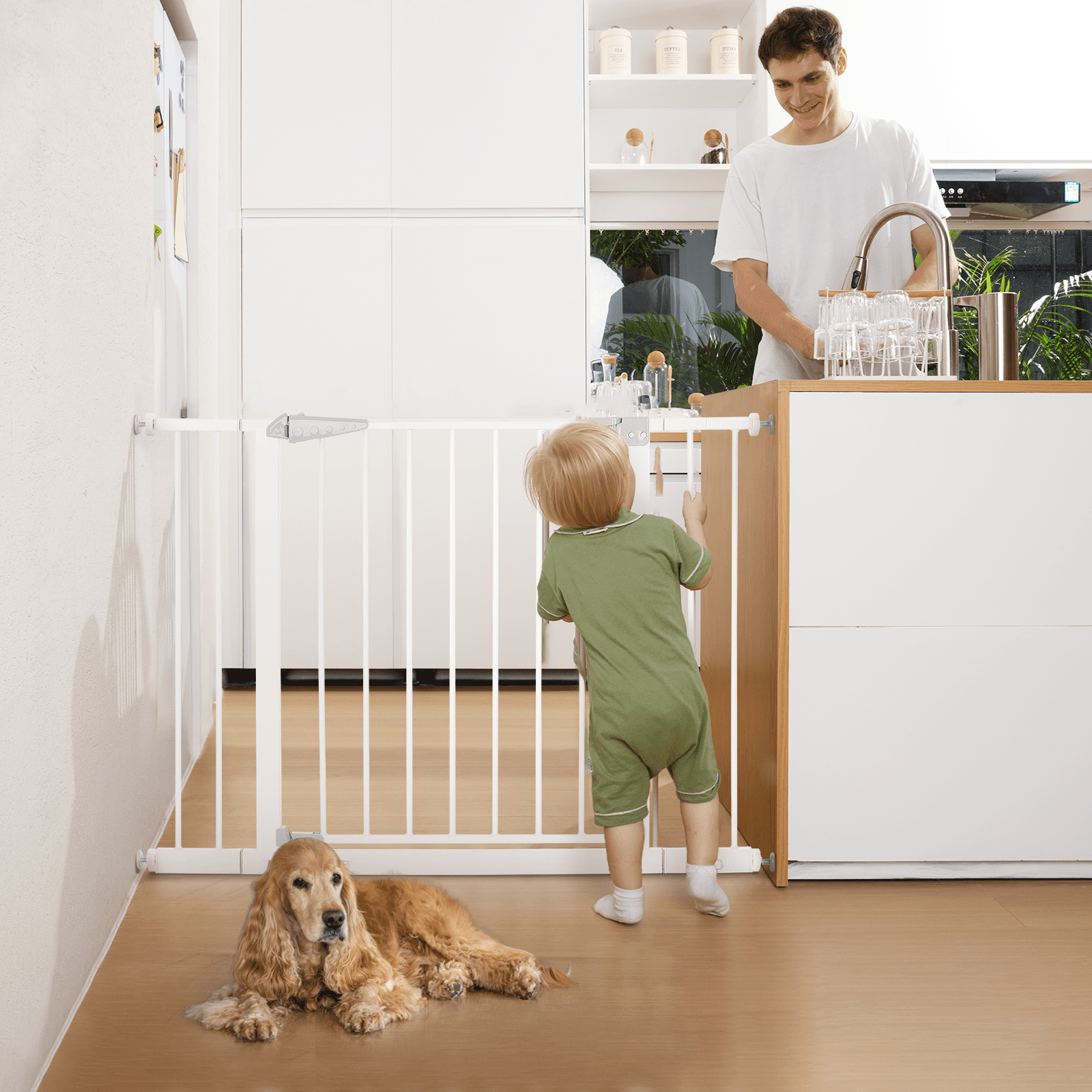 Babelio 29.5''-43'' Auto Close Baby Gate for Doorways and Stairs, Dog/Puppy Gate, Pressure Mounted, White