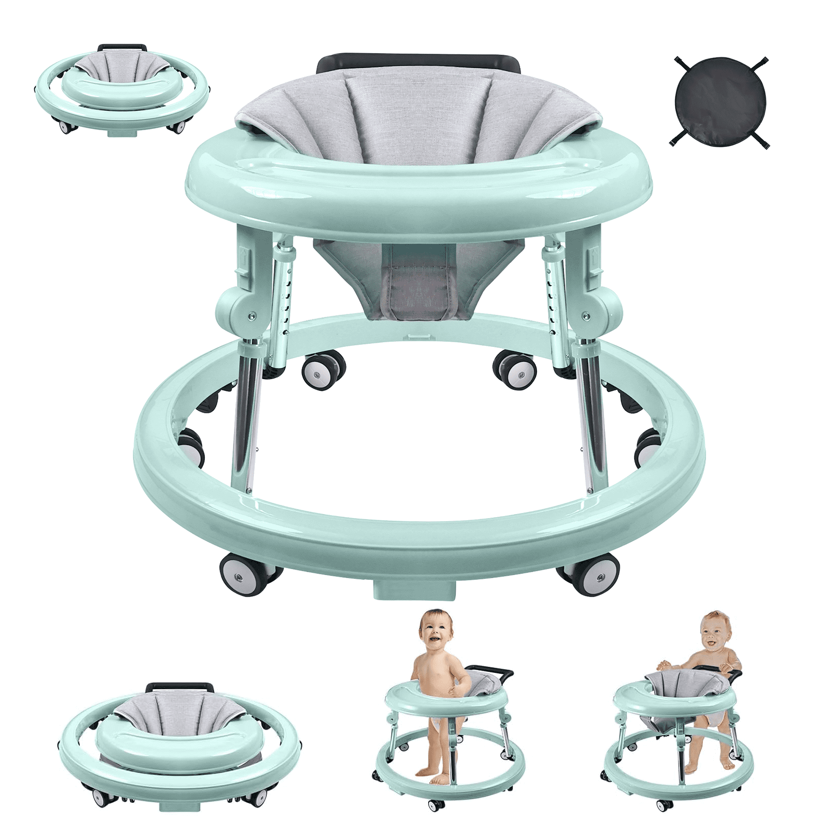 Baby Walker, Baby Walker with Wheels, Foldable 9-Gear Height Adjustable, Baby Walkers and Activity Center with Foot Pads/Mute Wheels, Baby Walkers for Baby Boys and Girls 6-24 Months
