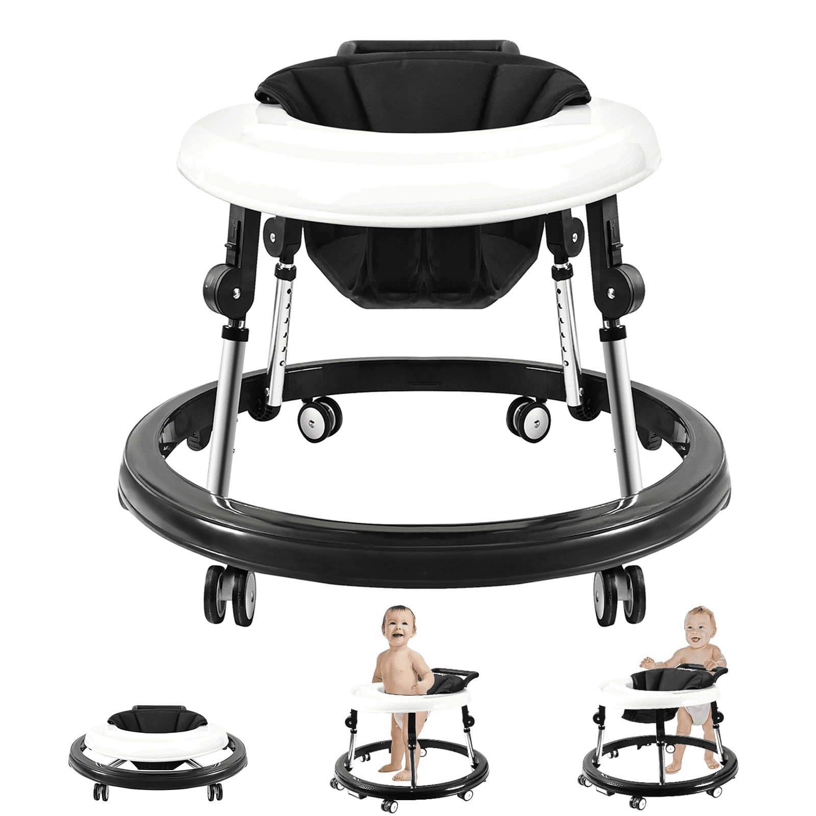 Baby Walker, Baby Walker with Wheels, Foldable 9-Gear Height Adjustable, Baby Walkers and Activity Center with Foot Pads/Mute Wheels, Baby Walkers for Baby Boys and Girls 6-24 Months