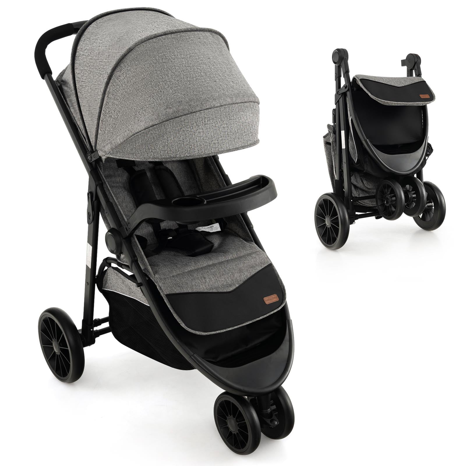 Costway Baby Jogging Stroller Jogger Travel System with Adjustable Canopy for Newborn Gray