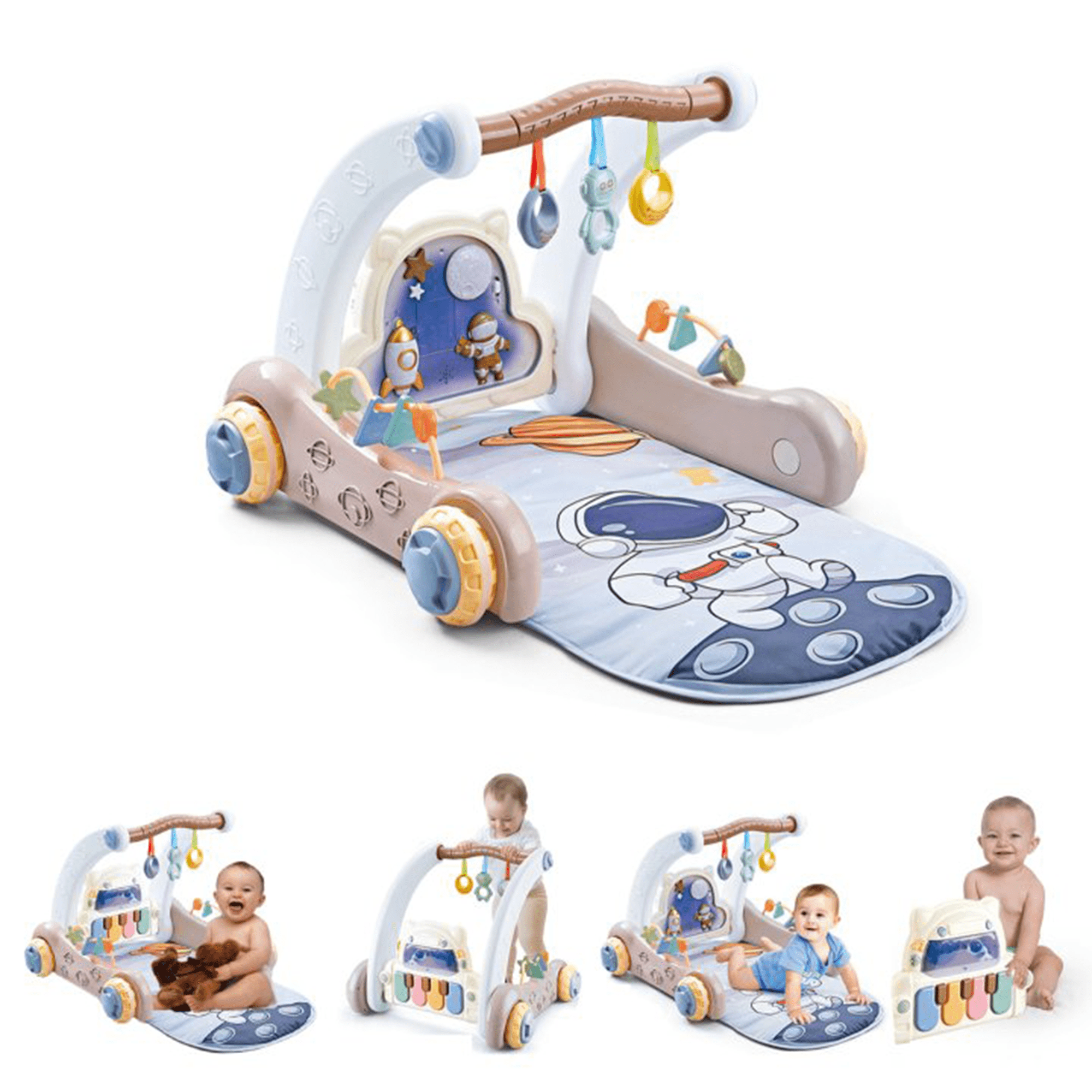 Baby Play Mat, Tummy Time Mat, Kick and Play Piano Gym Activity Center, Walker for Baby Boy Girl 0-36 Months, with 3 Learning Sensory Toys, Music, Light (Blue)