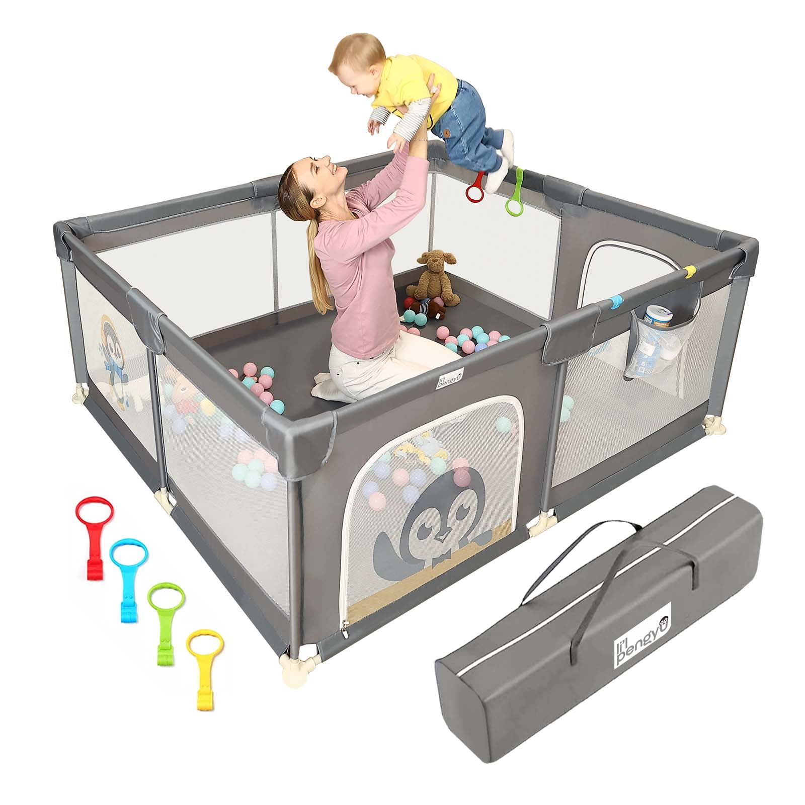 Baby Playpen for Babies and Toddlers, 71 x 59 inch Baby Play Yards, Kids Play Pen for Indoor & Outdoor, Extra Large Baby Playpen, Toddler Play Yard with Carrying Bag, Anti-Slip Base (Gray)