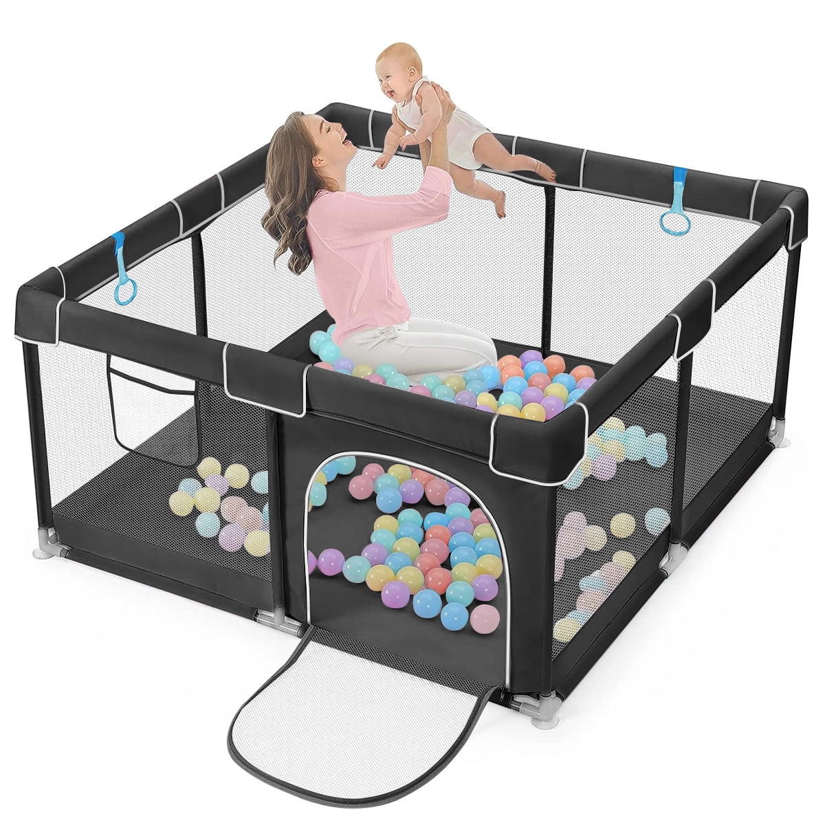 Baby Playpen, HDJ Portable Baby Playard 50 inch with Storage Bag for 0-36 Months Toddlers, Black