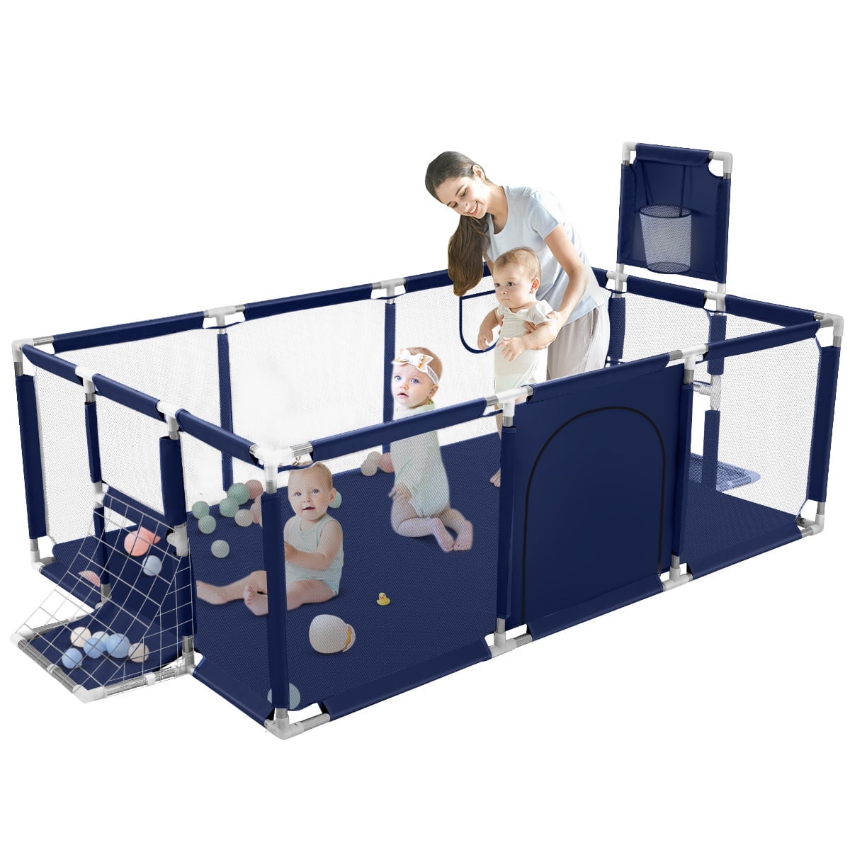 Baby Playpen, HDJ 71 inch Extra Large Baby Playard with Basketball Hoop and Breathable Mesh, Play Fence for Indoors Outdoors,Blue