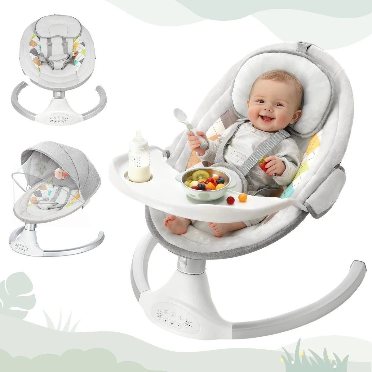 Baby Swing for Infants, Caveen Baby Rocker with Dinner Plate, 5 Swing Speeds, Adapter Battery Operated, Indoor,Outdoor, Grey