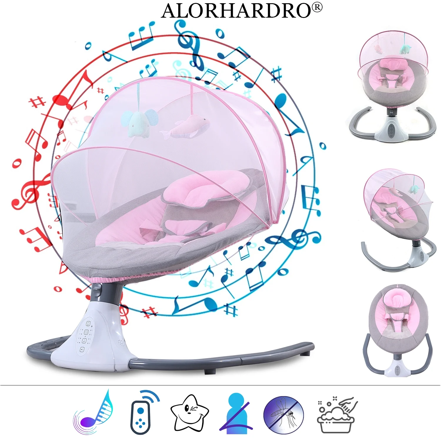 ALORHARDRO Baby Swing for Infants Bluetooth Swing with Music Speaker,3 Height Adjustments,12 Lullabies and 4 Speeds,Remote Control,Pink