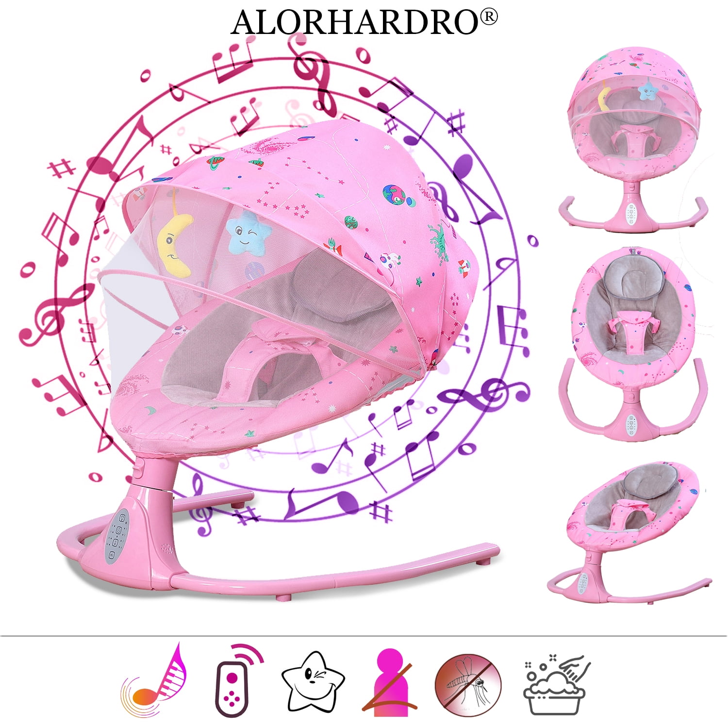 ALORHARDRO Baby Swing for Infants Bluetooth Swing with Music Speaker,3 Height Adjustments,12 Lullabies and 4 Speeds,Remote Control,Pink