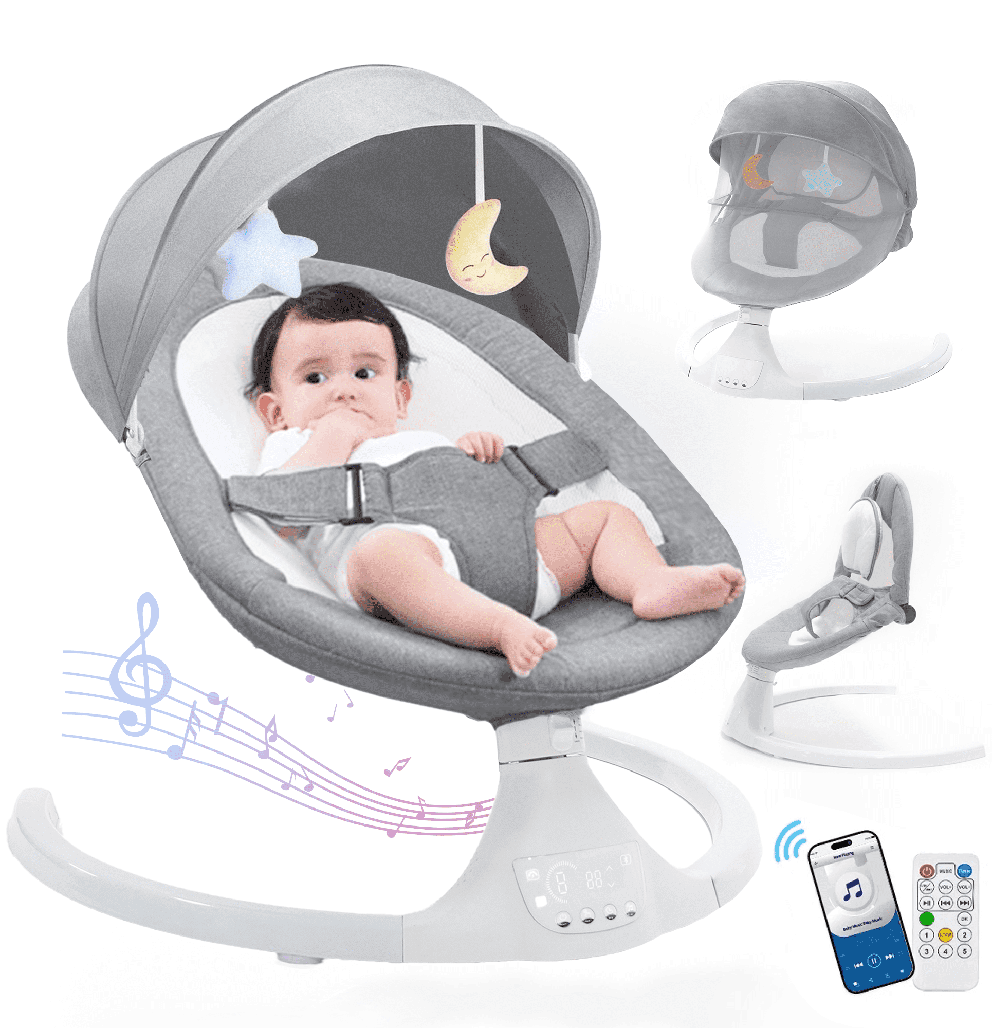 Baby Swing for Infants, Bluetooth Swing Electirc Baby Rocker Bouncer, Auto Swing with 5 Speed, Gray