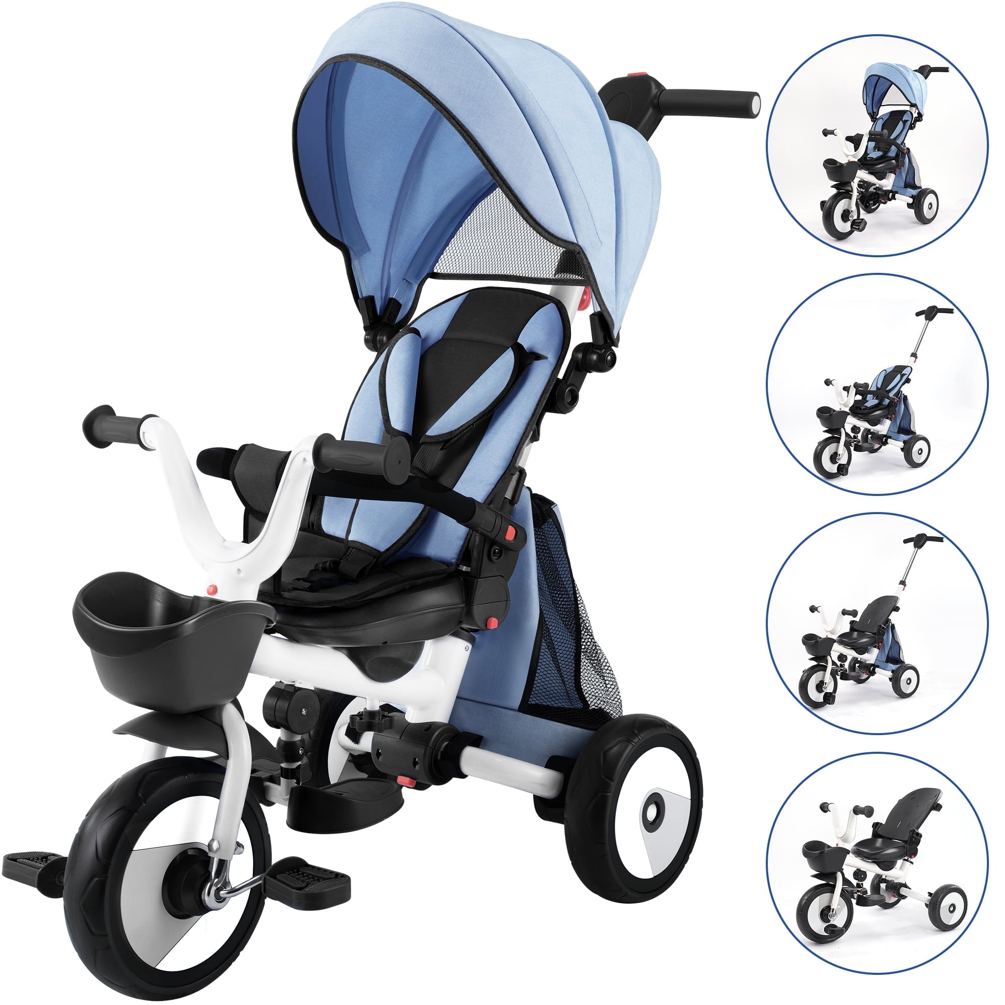 4-in-1 Foldable Baby Tricycle w/Adjust Handle, Canopy & Storage,18M-5Y Blue