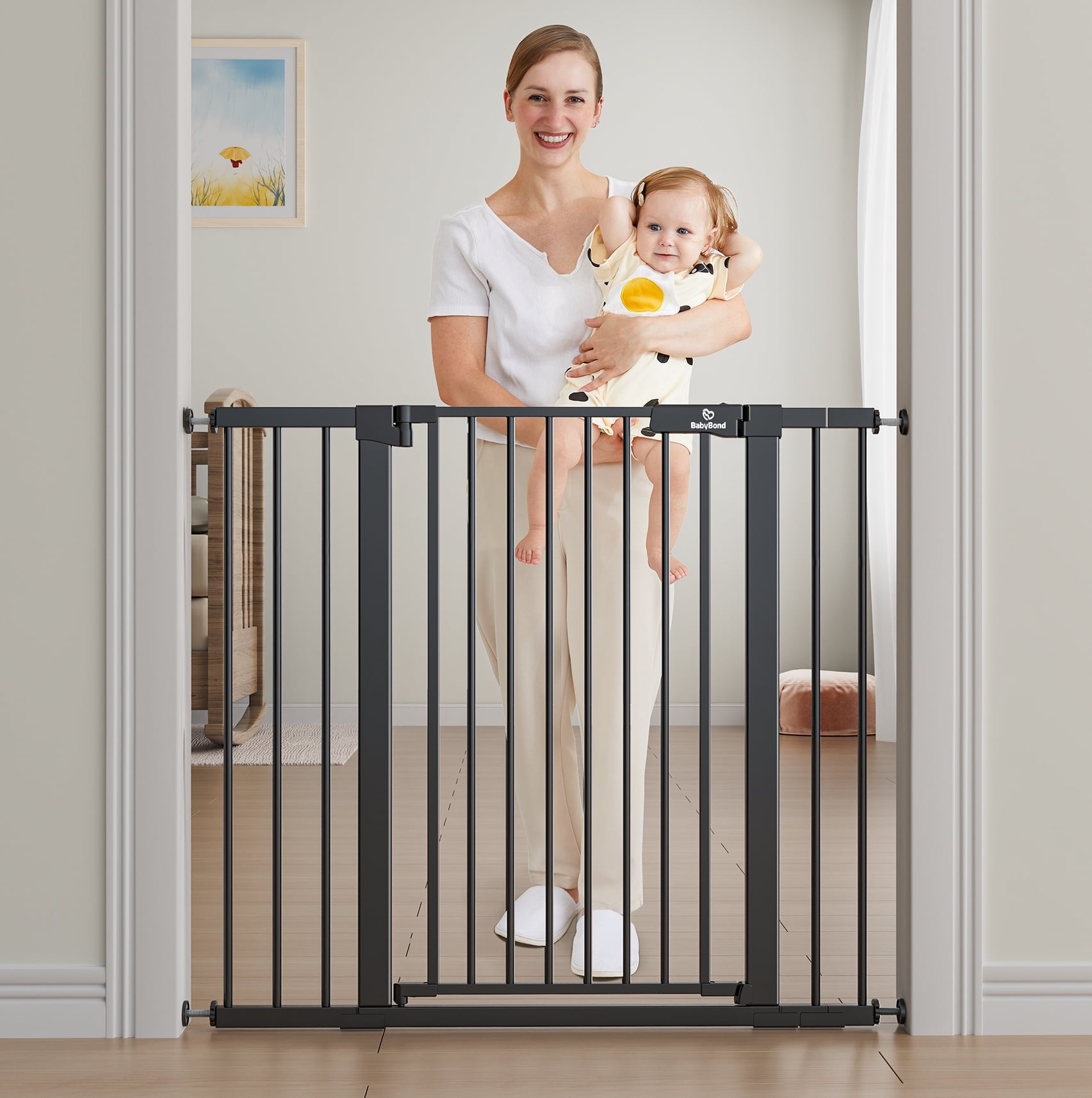 BabyBond 36" Extra Tall Dog Gates for Doorway and Stairs, Easy Step Baby Gate, Premium Cat/Pet Gate, Auto Close Safety Child Gates, with Extenders and Hardware/Pressure mounting Kit, Black