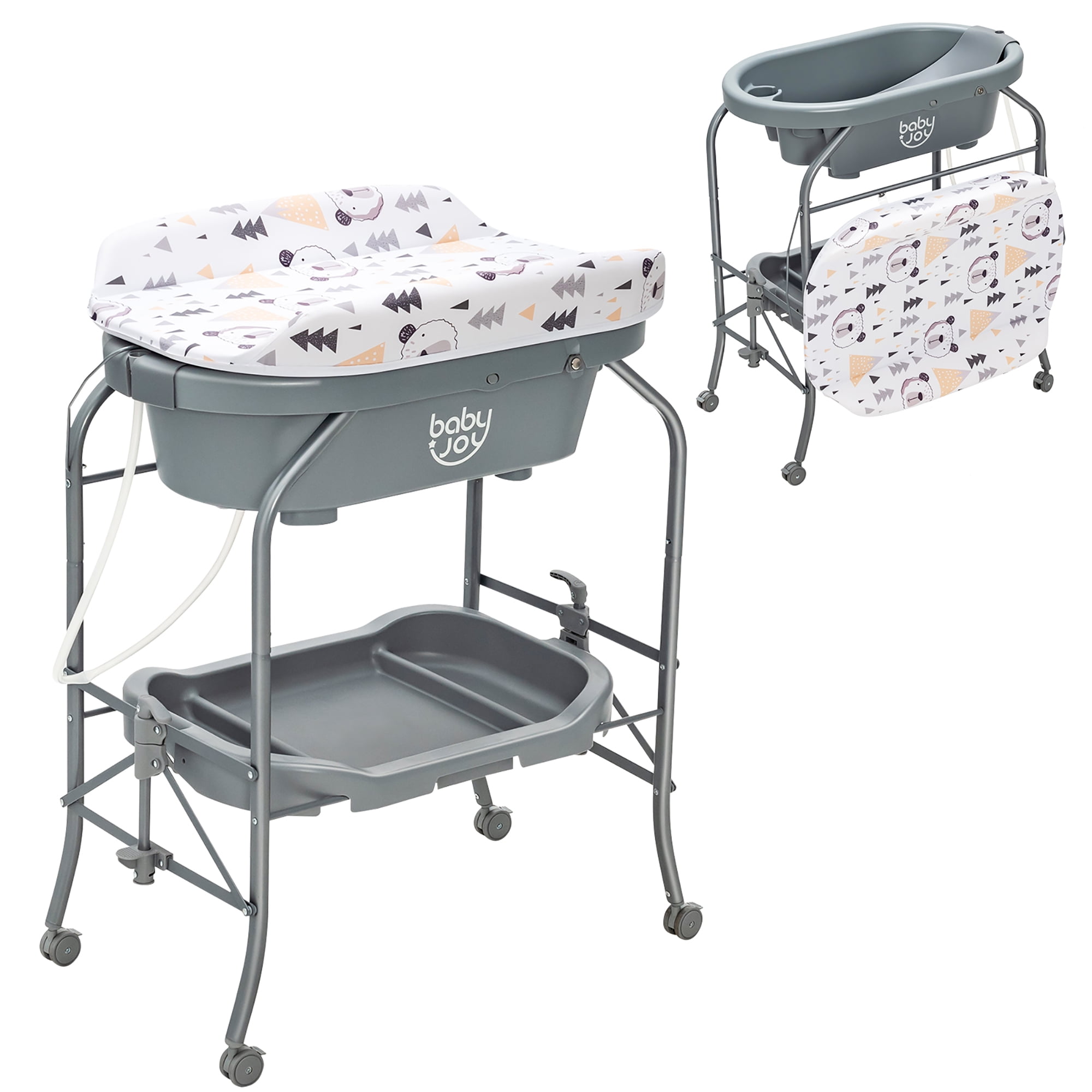 Babyjoy Changing Table with Bathtub Folding Portable Diaper Station with Wheels Steel Gray