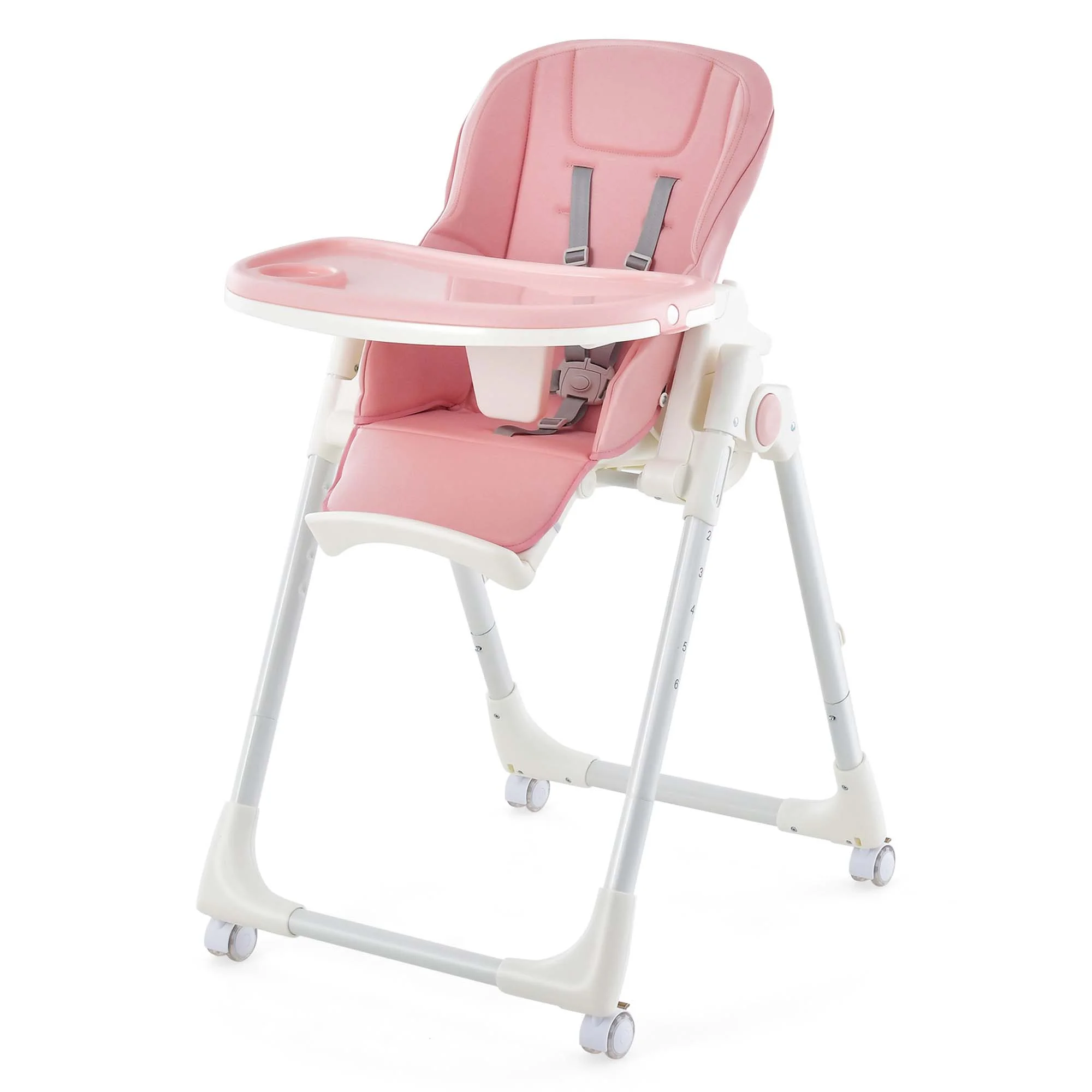 Babyjoy Foldable Highchair Baby Feeding Chair with 360° Rotating Wheels & Height Adjustment Pink