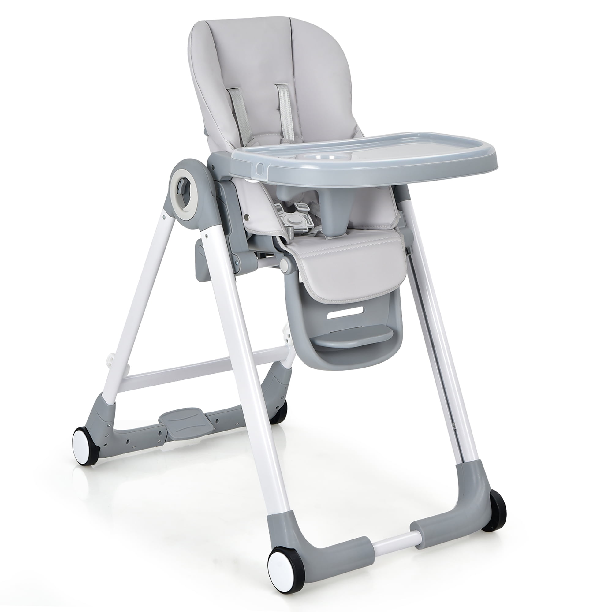 Babyjoy Folding Convertible High Chair Height Adjustable Feeding Chair with Wheel Tray Grey