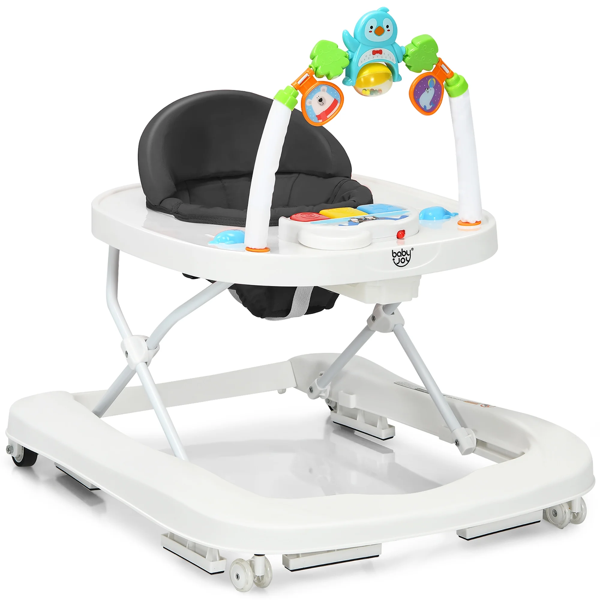 Babyjoy 2-in-1 Foldable Baby Walker with Adjustable Heights & Detachable Toy Tray Grey