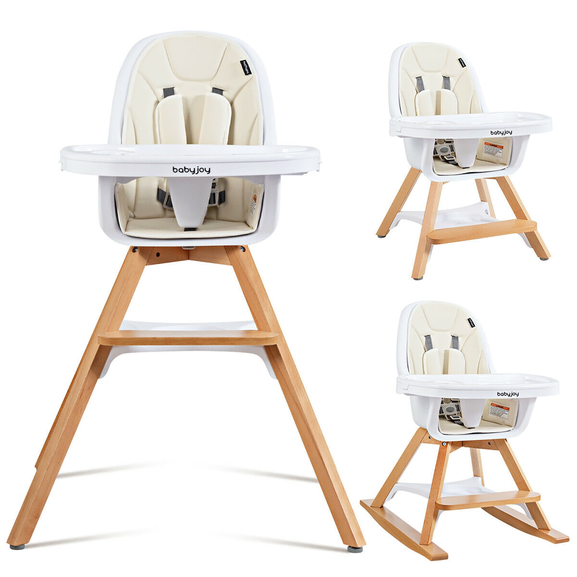 Babyjoy 3-in-1 Convertible Wooden Baby High Chair with Tray Adjustable Legs Cushion Beige