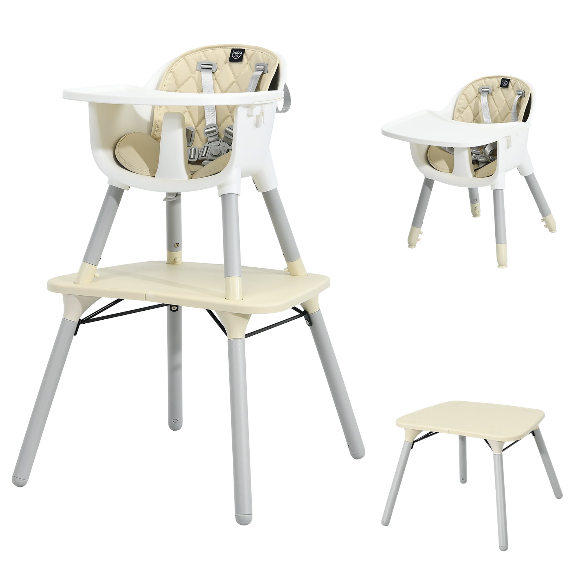 Babyjoy 4 in 1 Baby High Chair Convertible Toddler Table Chair Set with PU Cushion Beige
