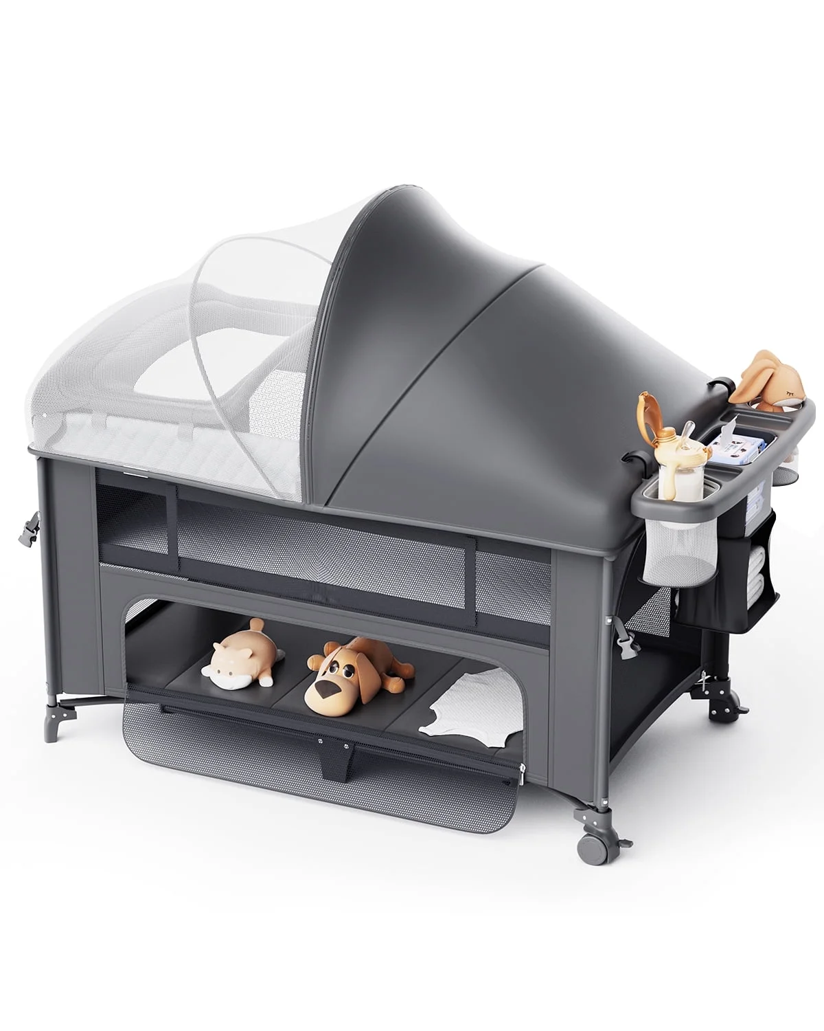 Babyomi 4 in 1 Baby Bassinet with Diaper Changer, Long Next to Bed Crib with Mattress,Height Adjustable,Pack and Play,Bedside Crib Sleeper, Gray