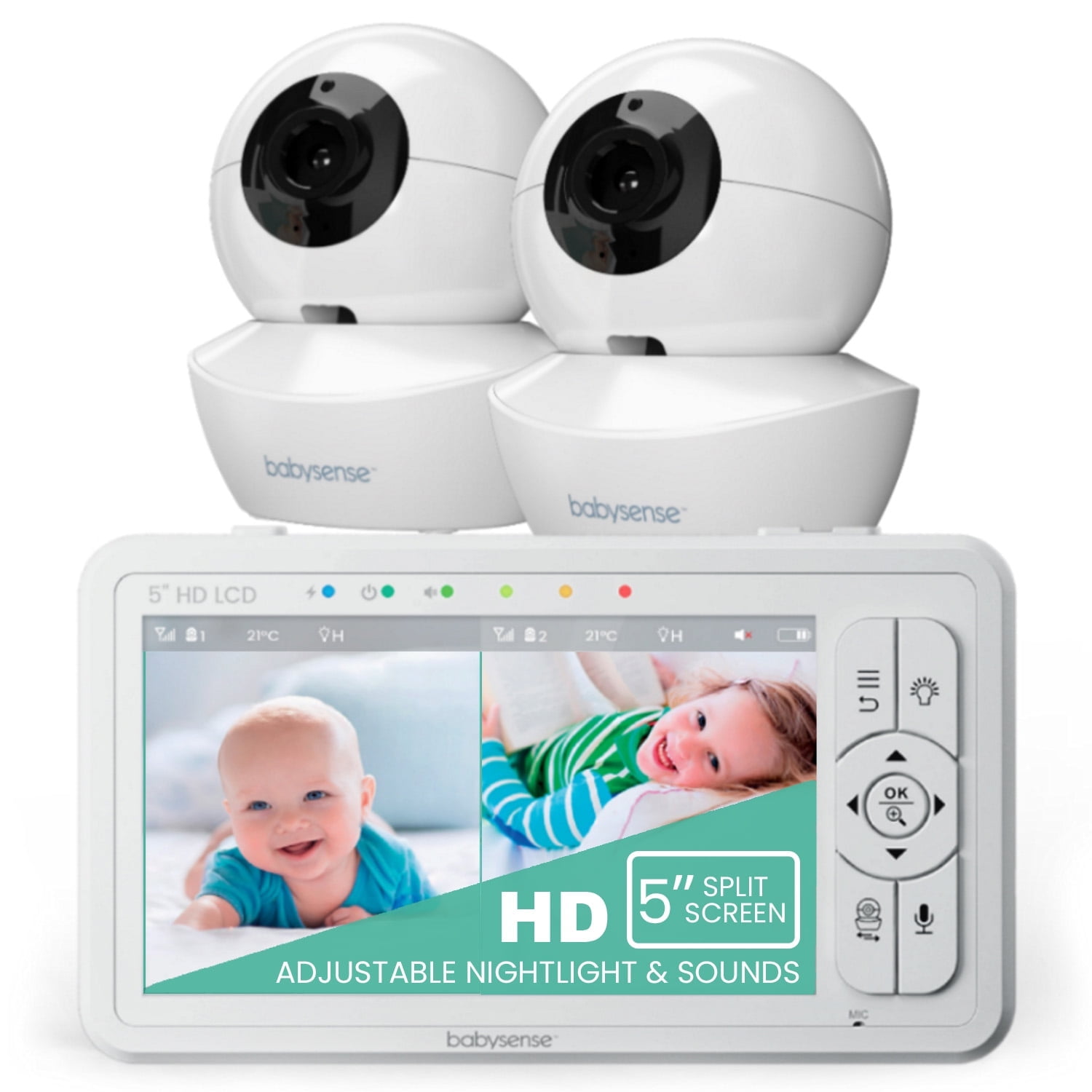 Babysense HD Video Baby Monitor Split Screen, 5" HD Display with 2 Cameras, Night Light, Non-Wi Fi, Pan Tilt Zoom, HDS2