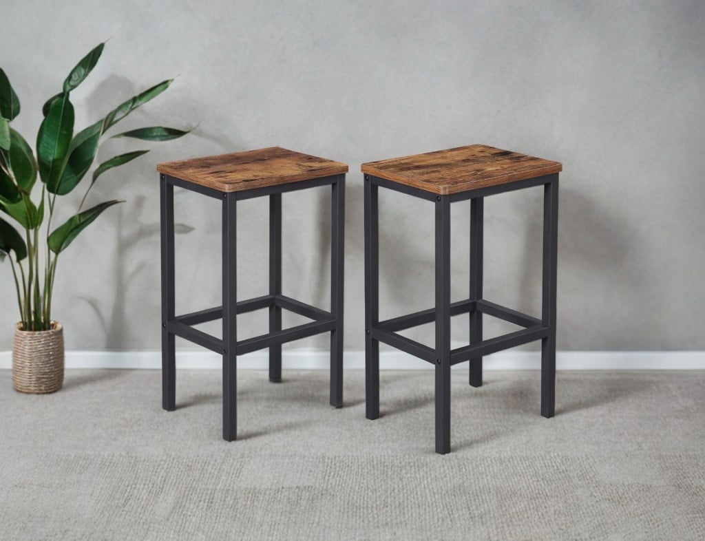 Bar Stools Set of 2, Rustic Brown & Black, Kitchen Breakfast Chairs with Footrest