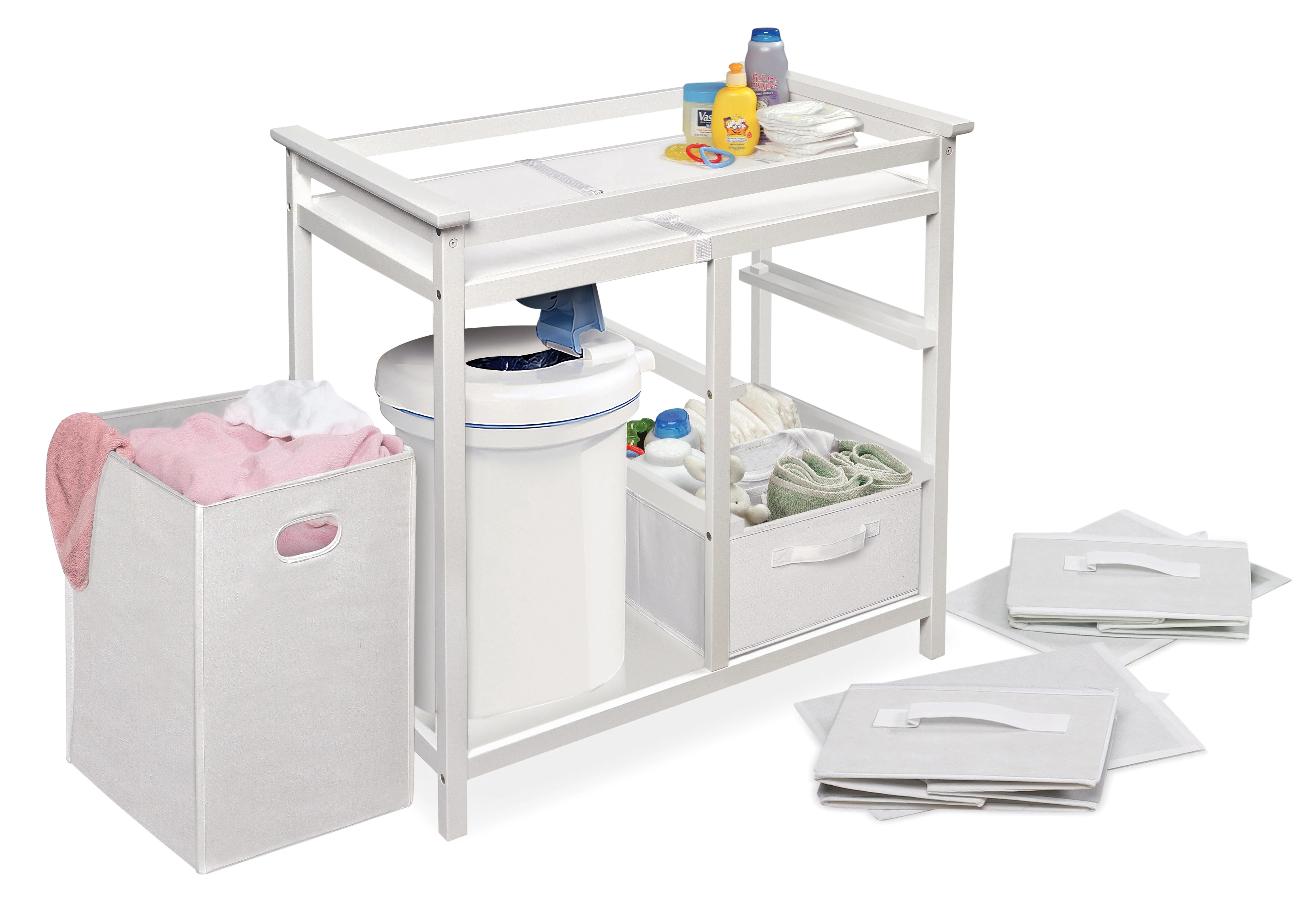Badger Basket Modern Baby Changing Table with Hamper and 3 Baskets, White, Includes Pad