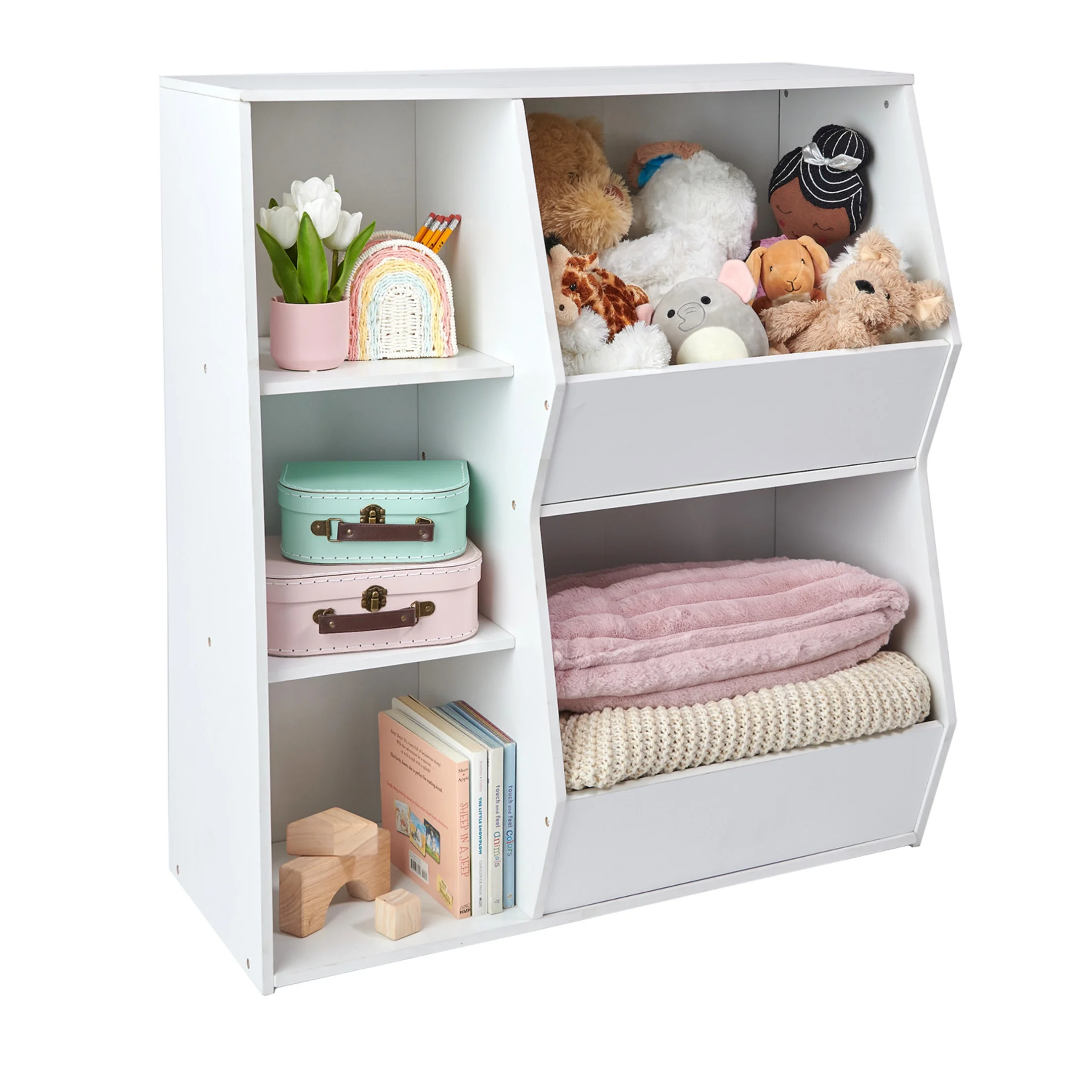 Badger Basket Side-by-Side Children's Combo Bin Wood Toy Storage Bookshelf with 5 Cubbies 7.7 Cu ft. - White