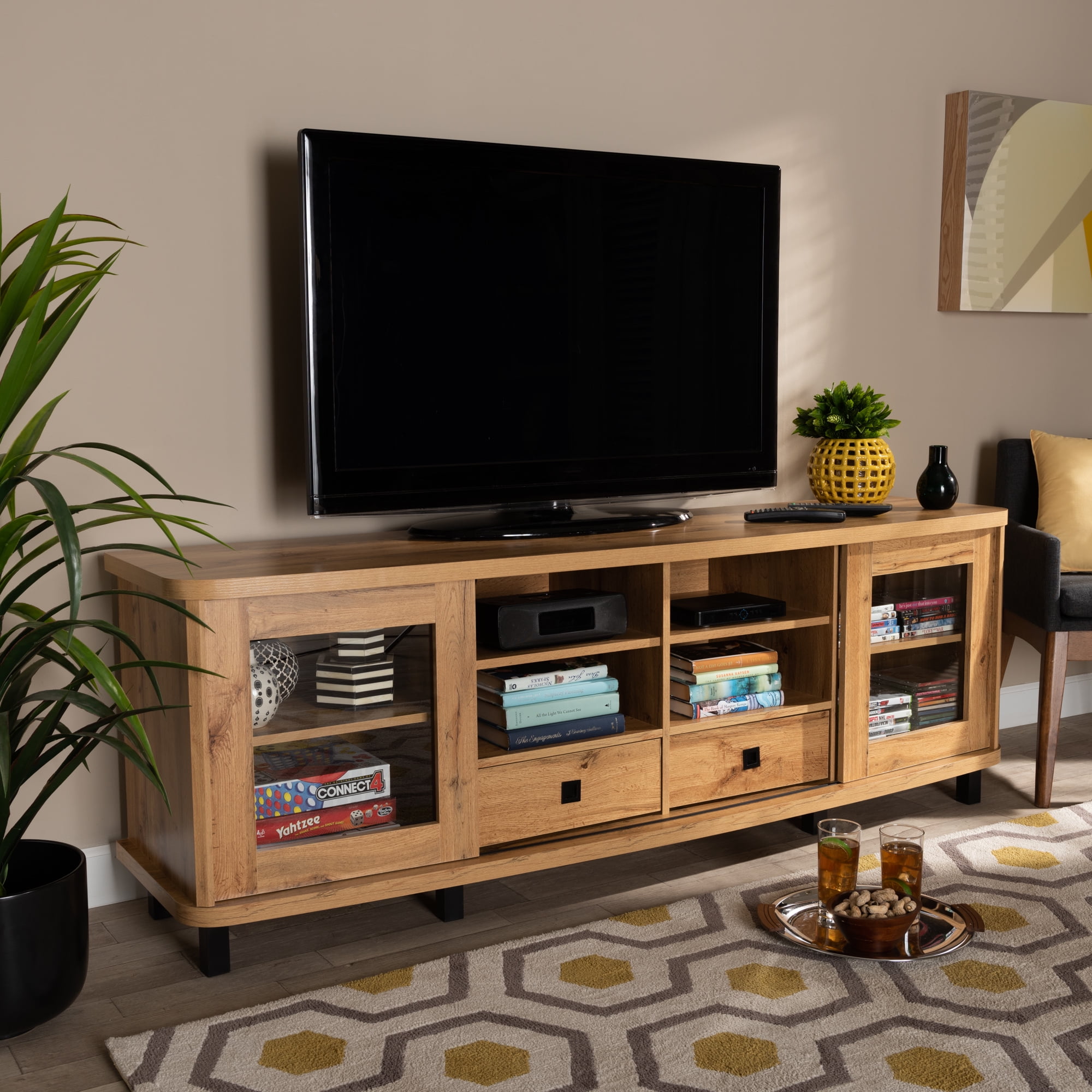 Baxton Studio Walda Wood TV Stand with 2 Drawers for TVs up to 68", Brown